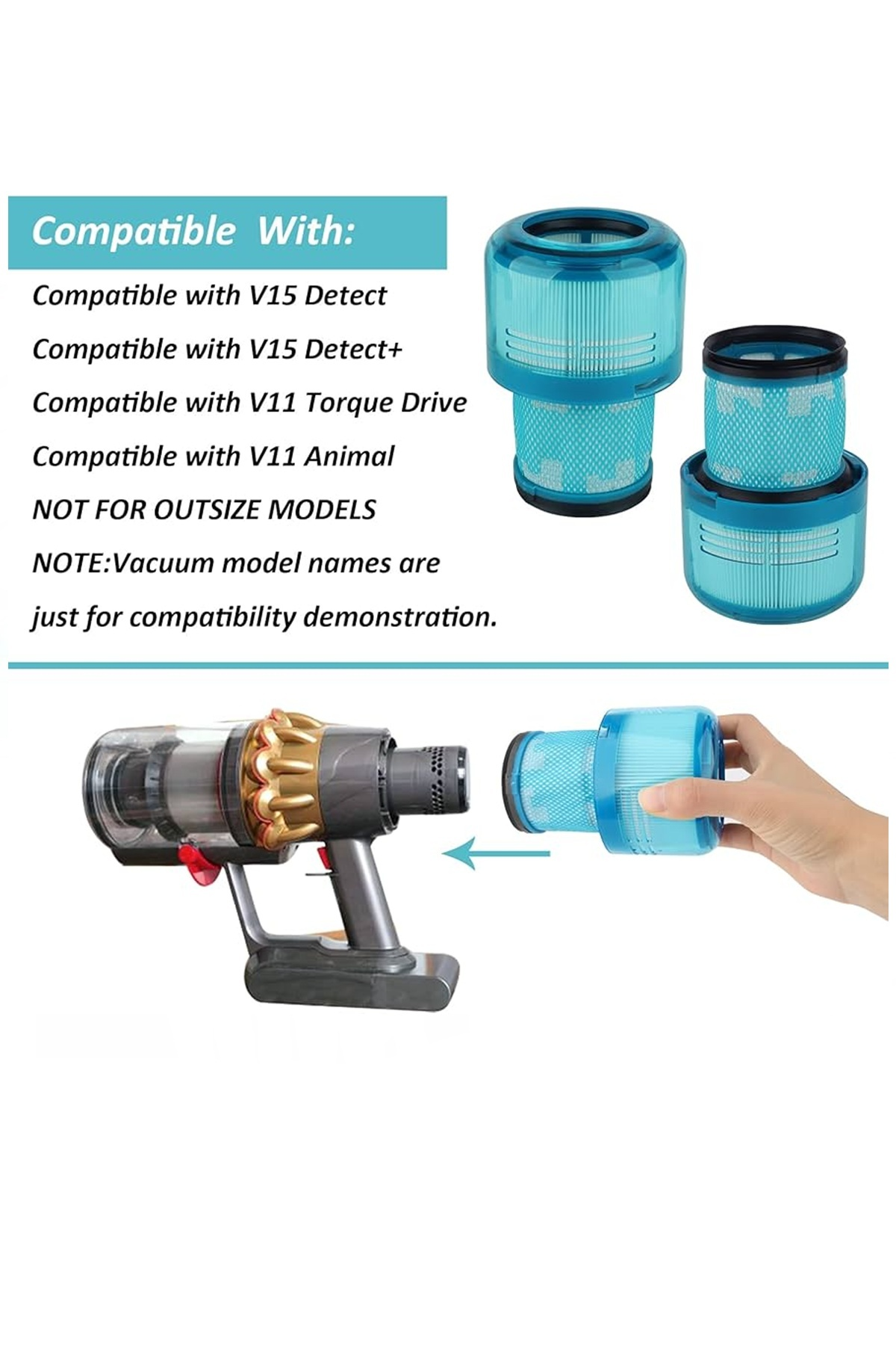 Dyson V11 ve V15 modelleriyle uyumlu mavi süpürge filtreleri, süpürgeye takılışını gösterir.