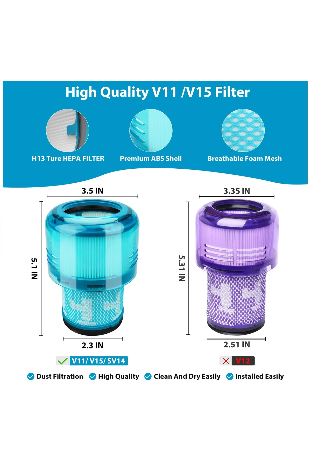 Boyutları ve malzeme detayları ile mavi ve mor V11 V15 elektrikli süpürge filtreleri ürün karşılaştırması.