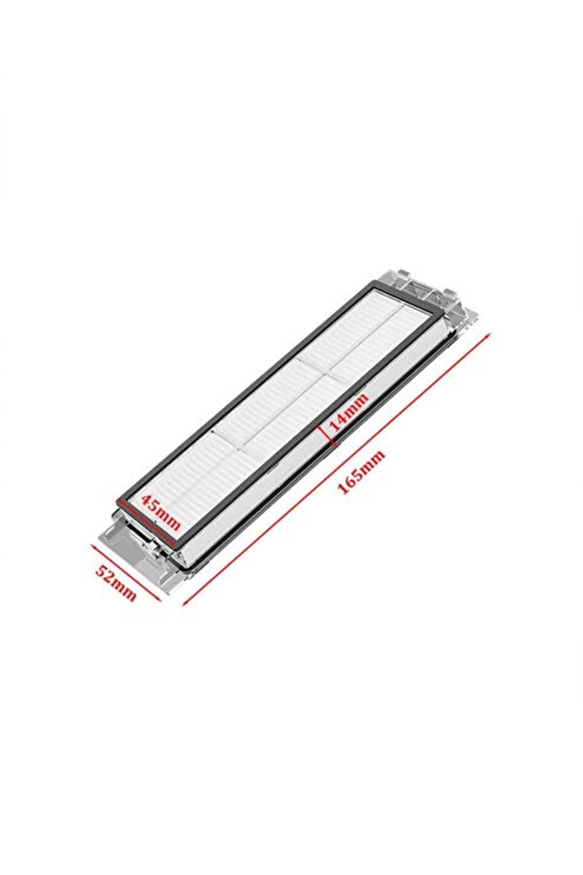 165mm, 52mm, 45mm, 14mm ölçülerine sahip beyaz arka planda dikdörtgen robot süpürge filtresi.