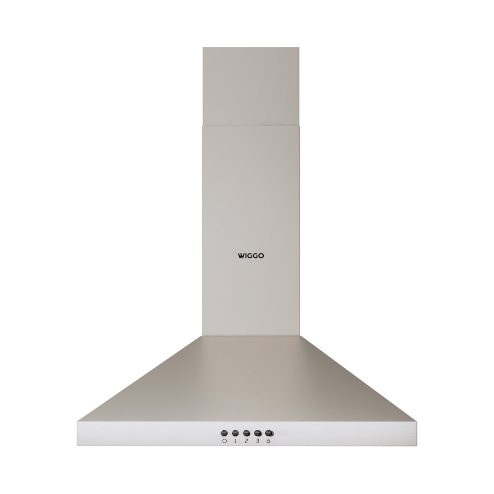 A silver Wiggo kitchen extractor hood against a white background.