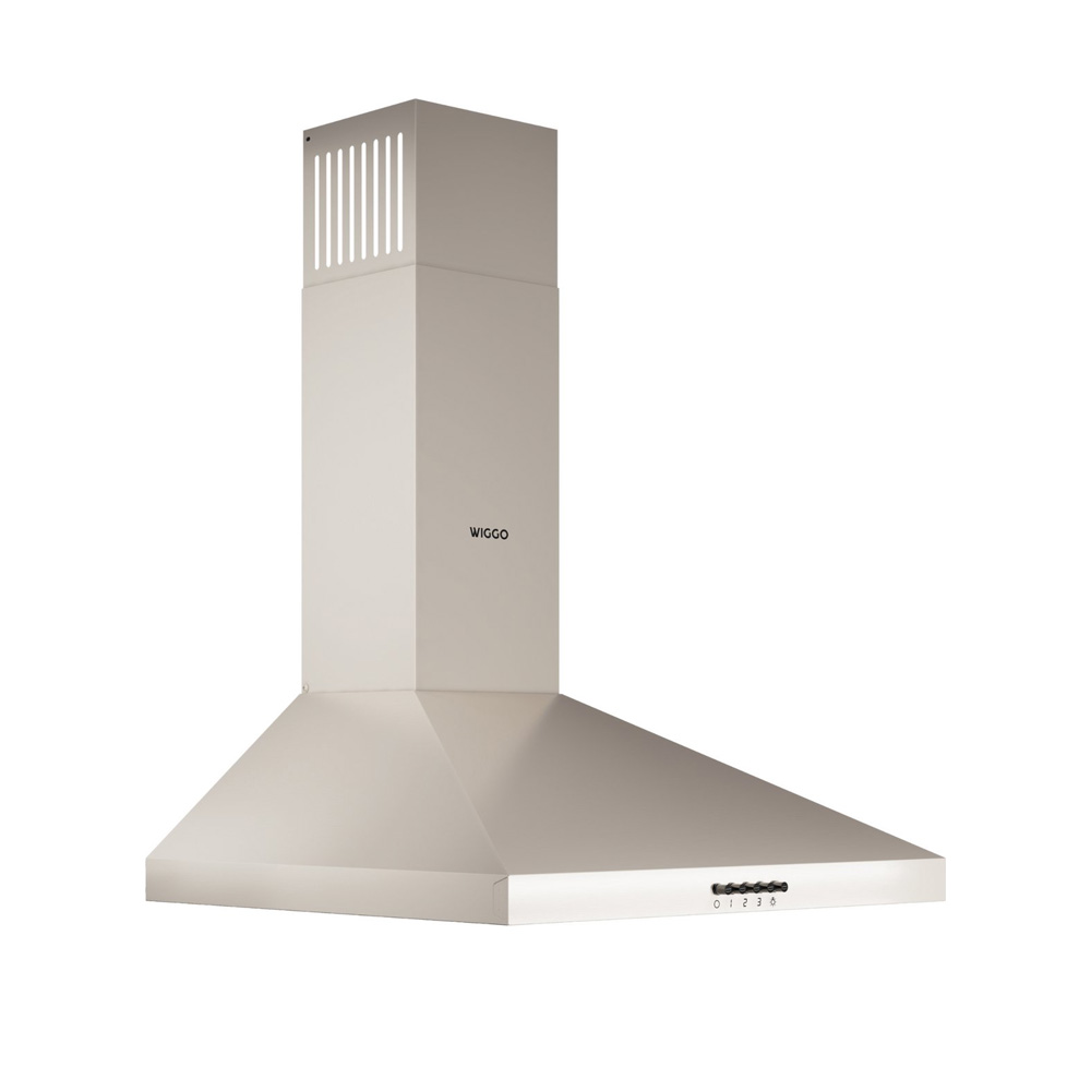 A silver wall-mounted cooker hood with a rectangular chimney and buttons on the front.