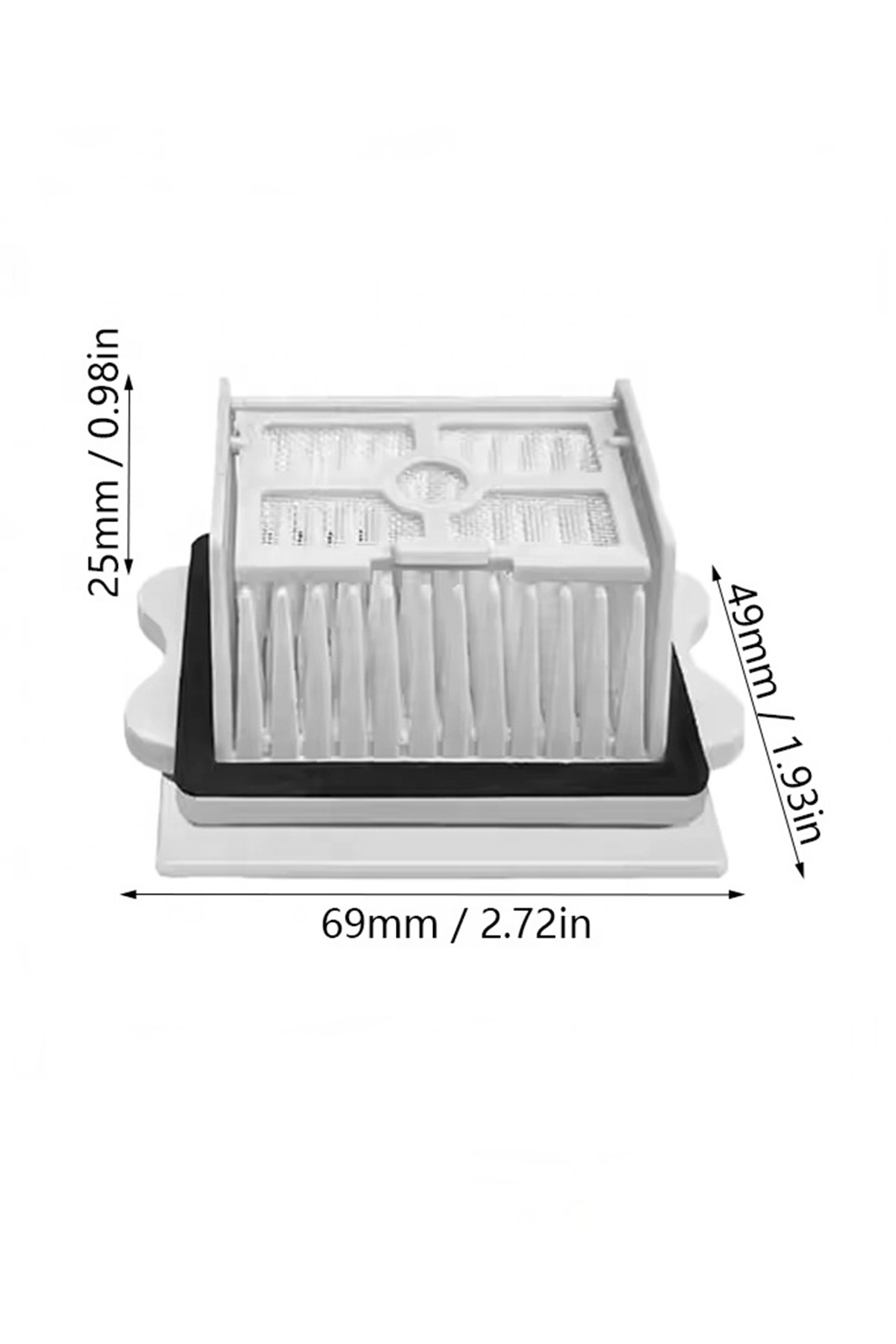 Beyaz arka planda 69mm x 49mm x 25mm ölçülerinde beyaz elektrikli süpürge filtresi.