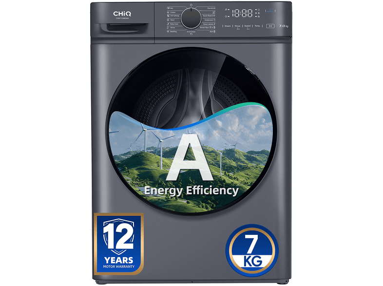 Lavadora carga frontal - CHIQ CW07123863AX, 7 kg, 1200 rpm, 16 programas, Gris oscuro