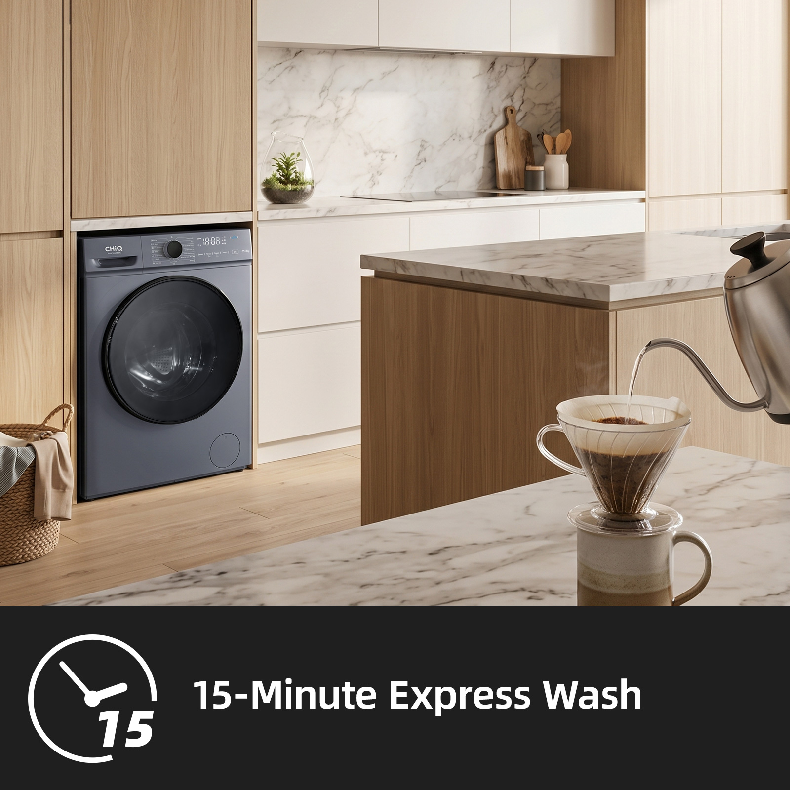Moderne Küche mit eingebauter grauer Waschmaschine und Kaffeebereiter im Vordergrund.
