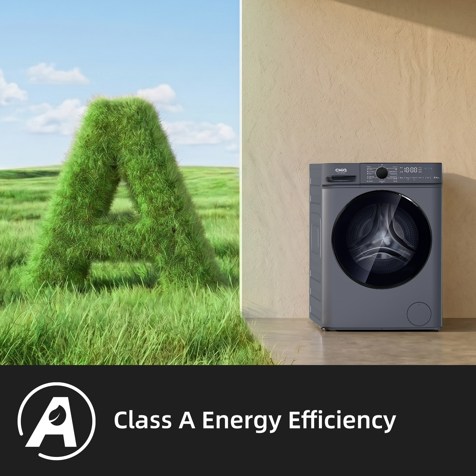 Eine graue Waschmaschine neben einem grasbewachsenen Buchstaben A, der die Energieeffizienzklasse A hervorhebt.