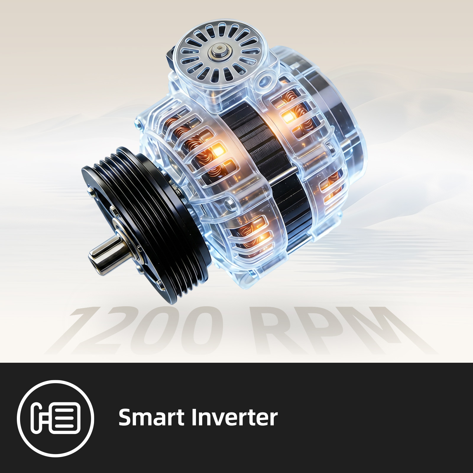 Durchsichtiger Smart-Inverter-Motor mit Riemenscheibe und beleuchteten Spulen vor hellem Hintergrund.