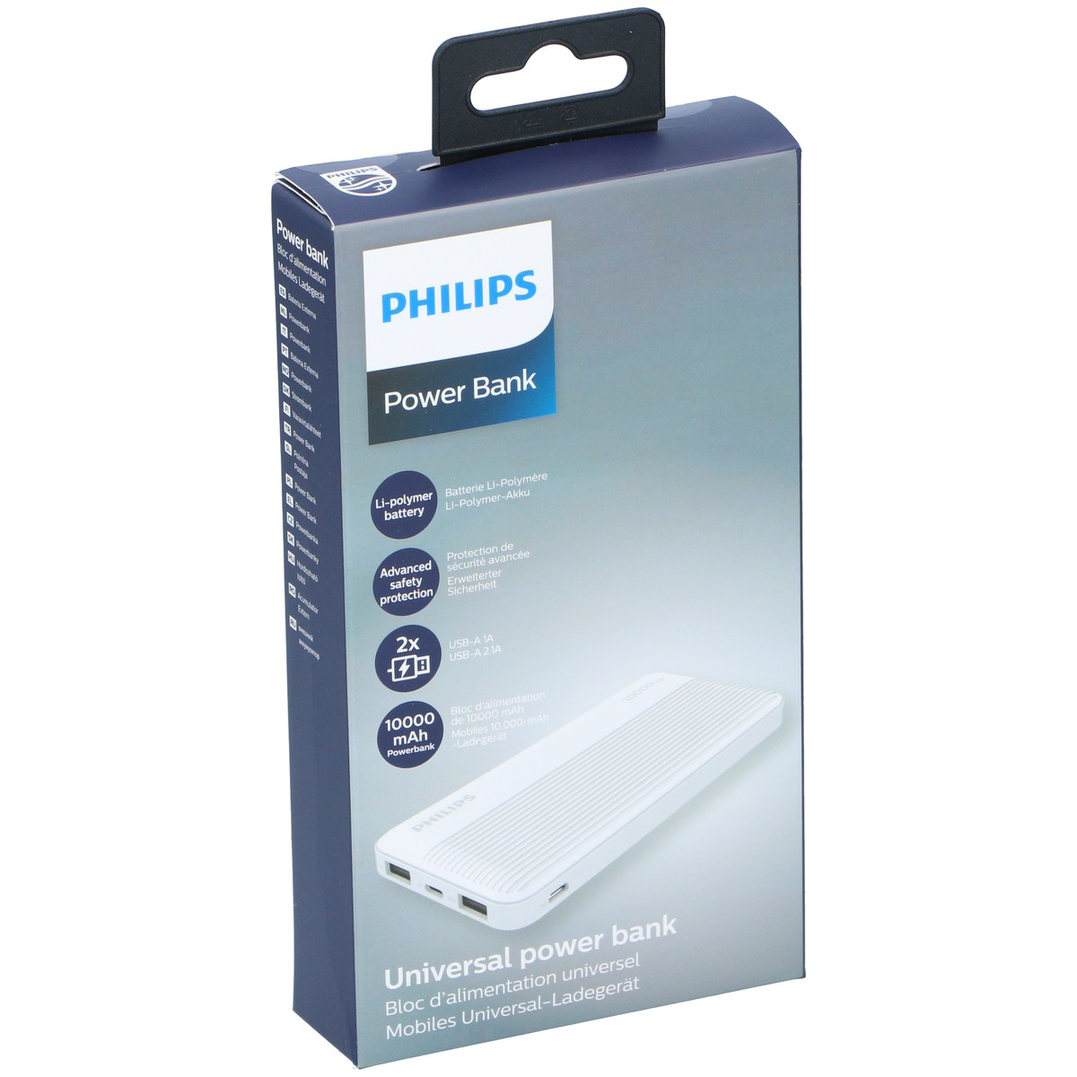 Philips Universal-Powerbank in einer blau-weißen Verpackung mit Angaben zu Kapazität und Sicherheit.