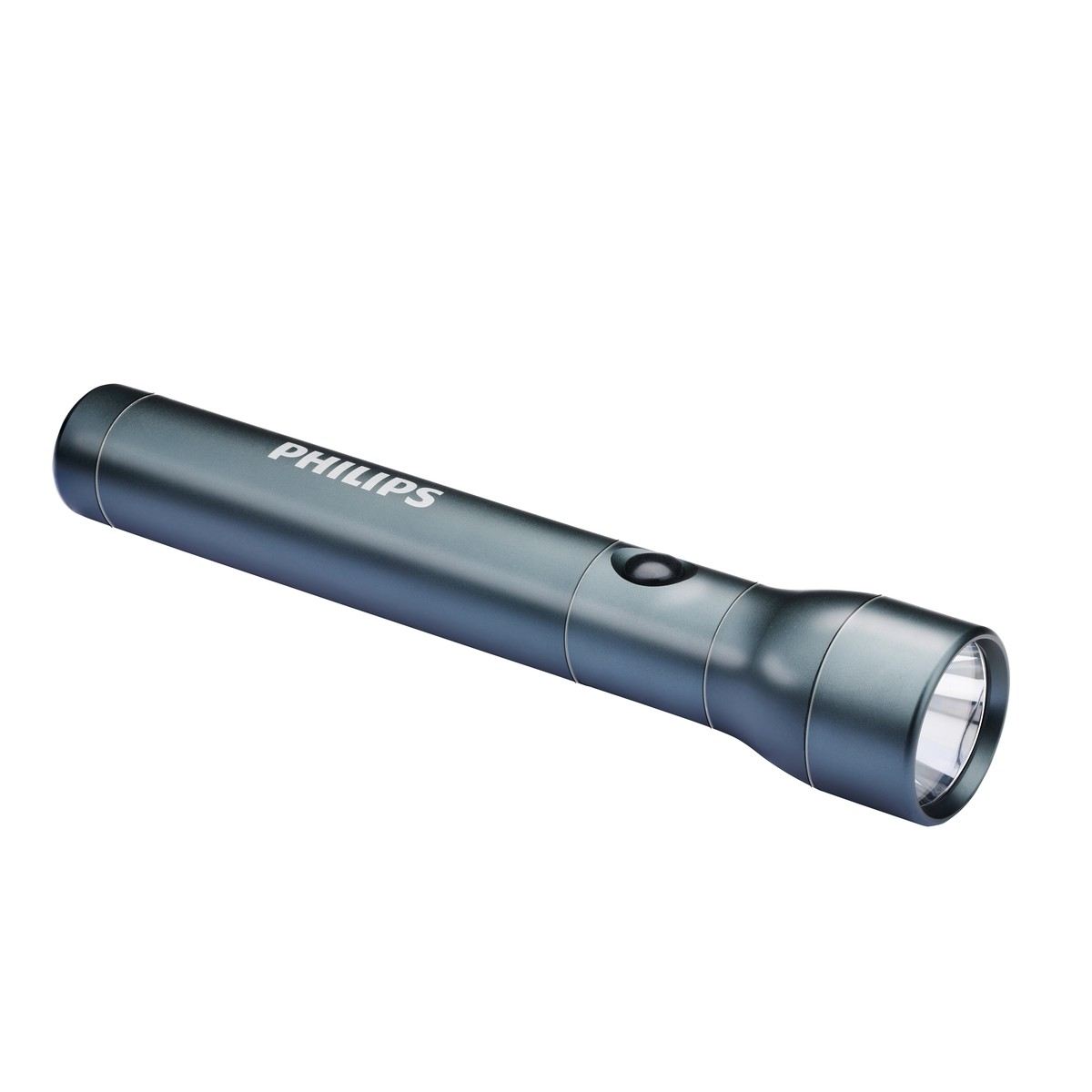 Una elegante linterna de metal gris oscuro Philips sobre fondo blanco, con botón de encendido y borde plateado.