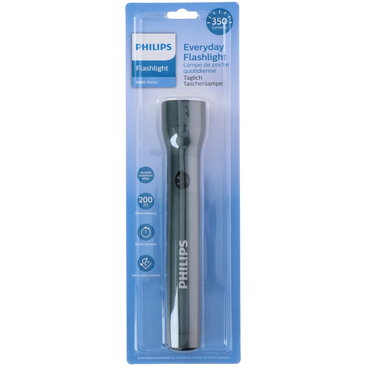 Linterna Philips Everyday en envase azul con 350 lúmenes y 200 m de alcance.