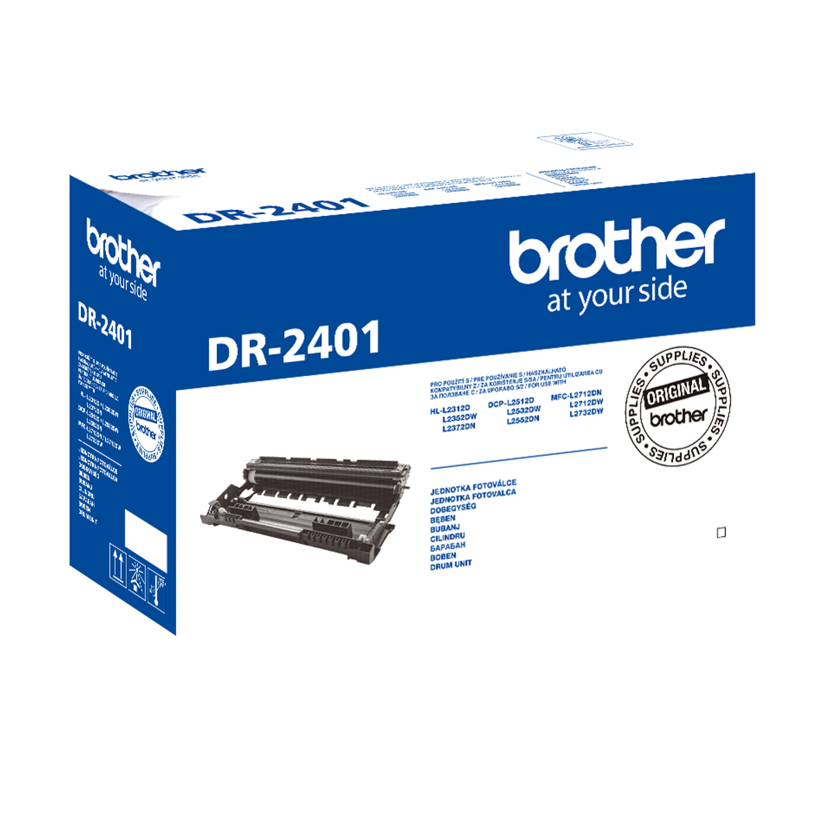 Opakowanie bębna Brother DR-2401 w kolorze niebieskim i białym z wizerunkiem produktu.