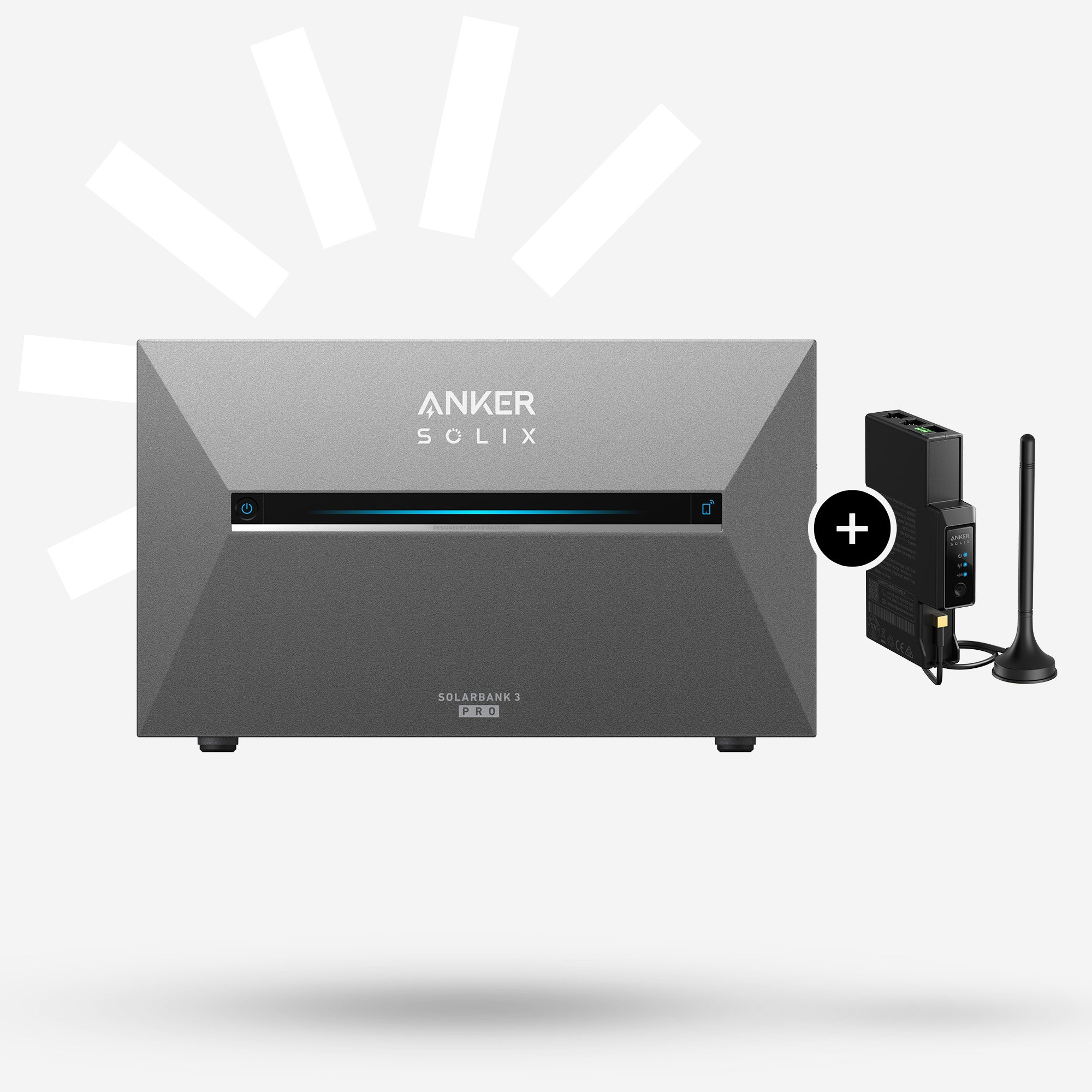 Anker Solix Solarbank 3 Pro in Grau mit Netzteil und Antenne.