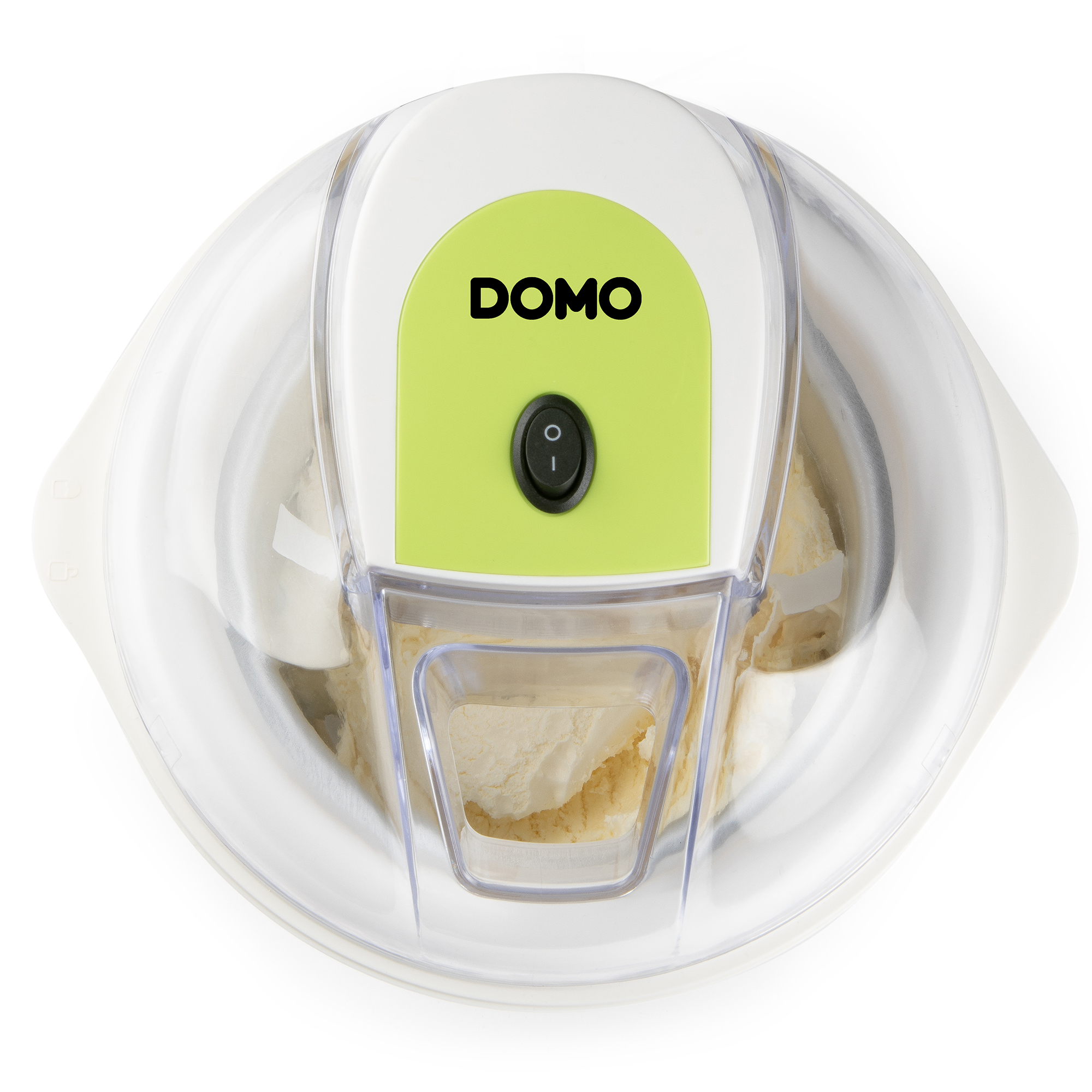 Top-down-Ansicht einer weißen und grünen Domo-Eismaschine mit klarem Deckel und sichtbarer Eismasse.