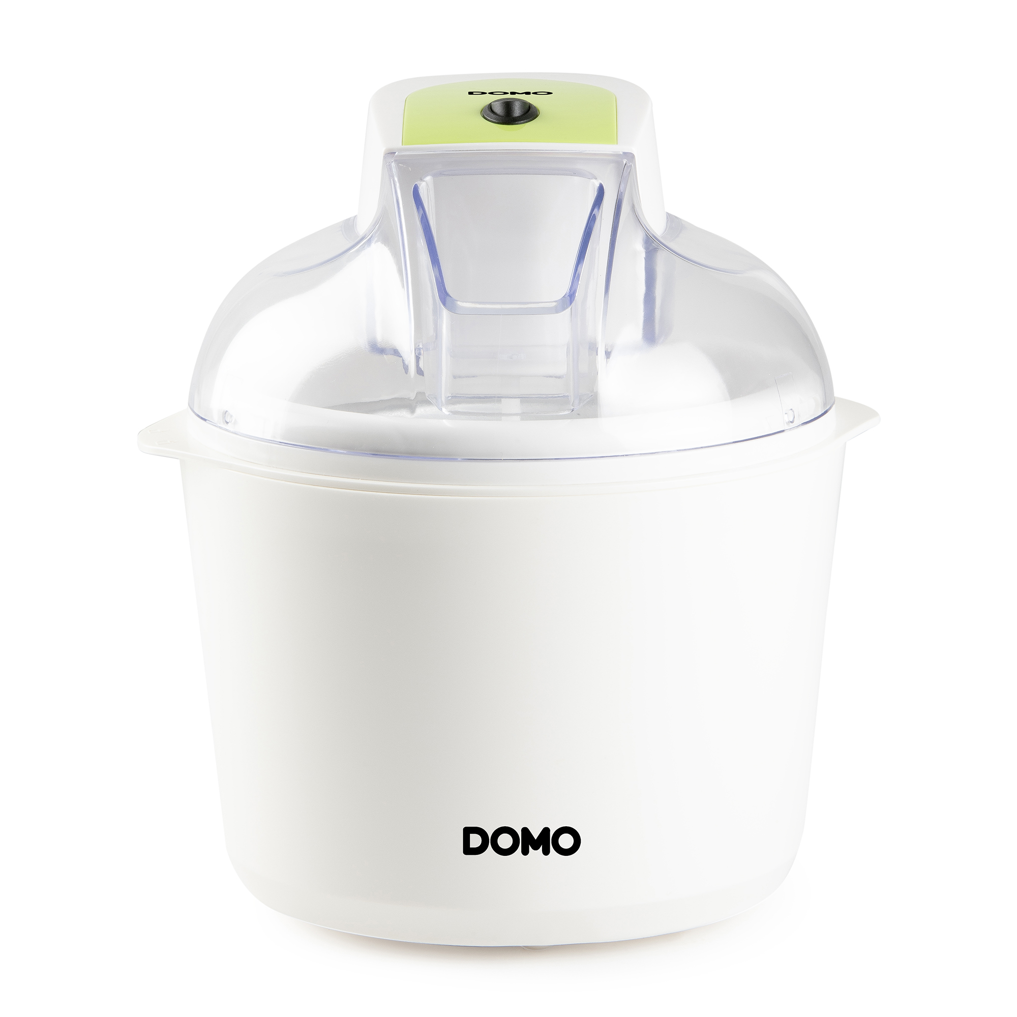 Eine weiße DOMO Eismaschine mit transparentem Deckel und grünem Oberteil vor einem schlichten weißen Hintergrund.