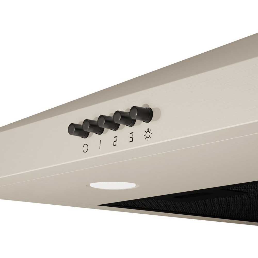 Beige range hood with five black control knobs, speed numbers, light icon, and an illuminated bottom light.