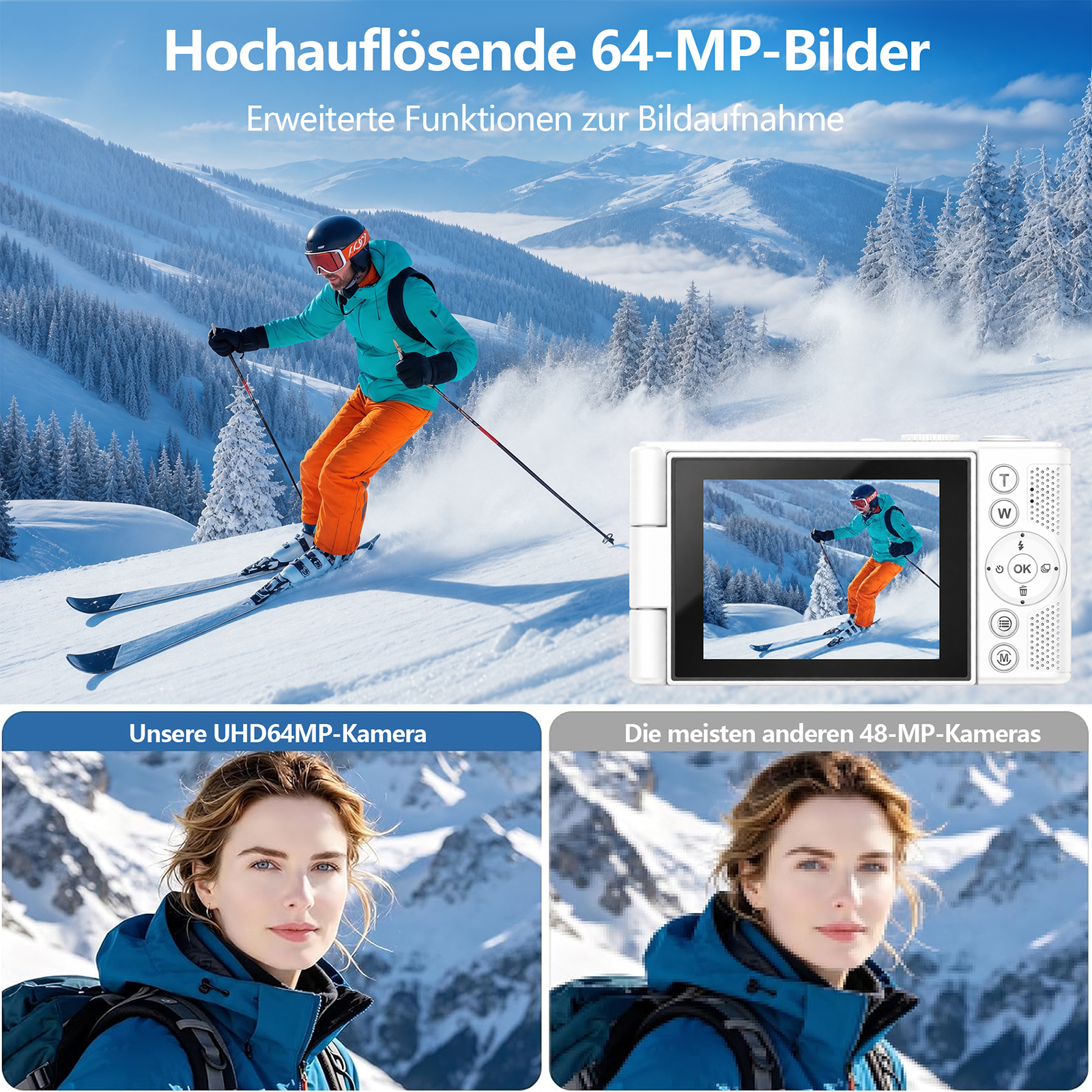 Werbebild für eine Kamera mit hohem Detailreichtum und Skifahrer im verschneiten Gebirge.