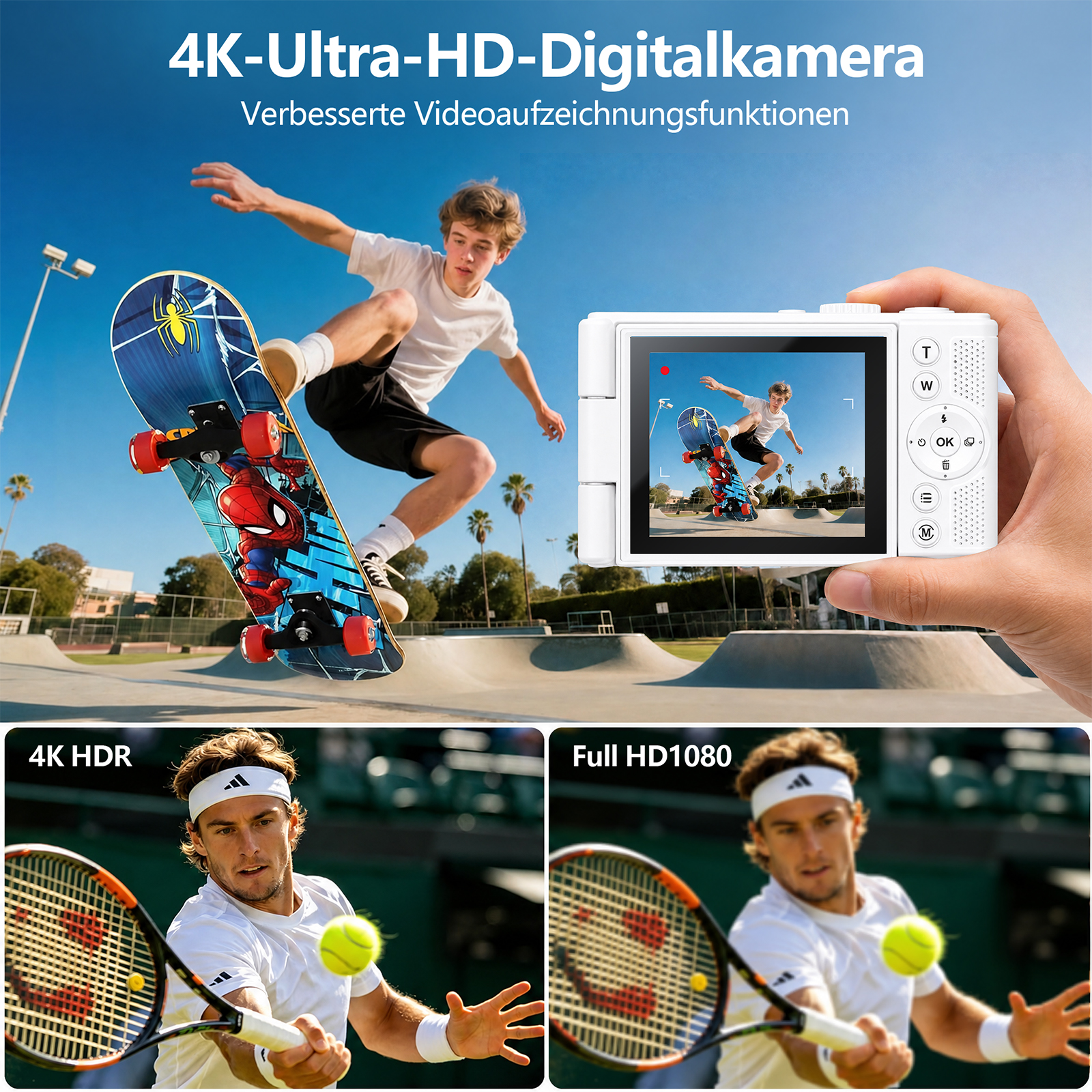 Eine Hand hält eine weiße Digitalkamera, während ein Skater springt und ein Tennisspieler den Ball schlägt.
