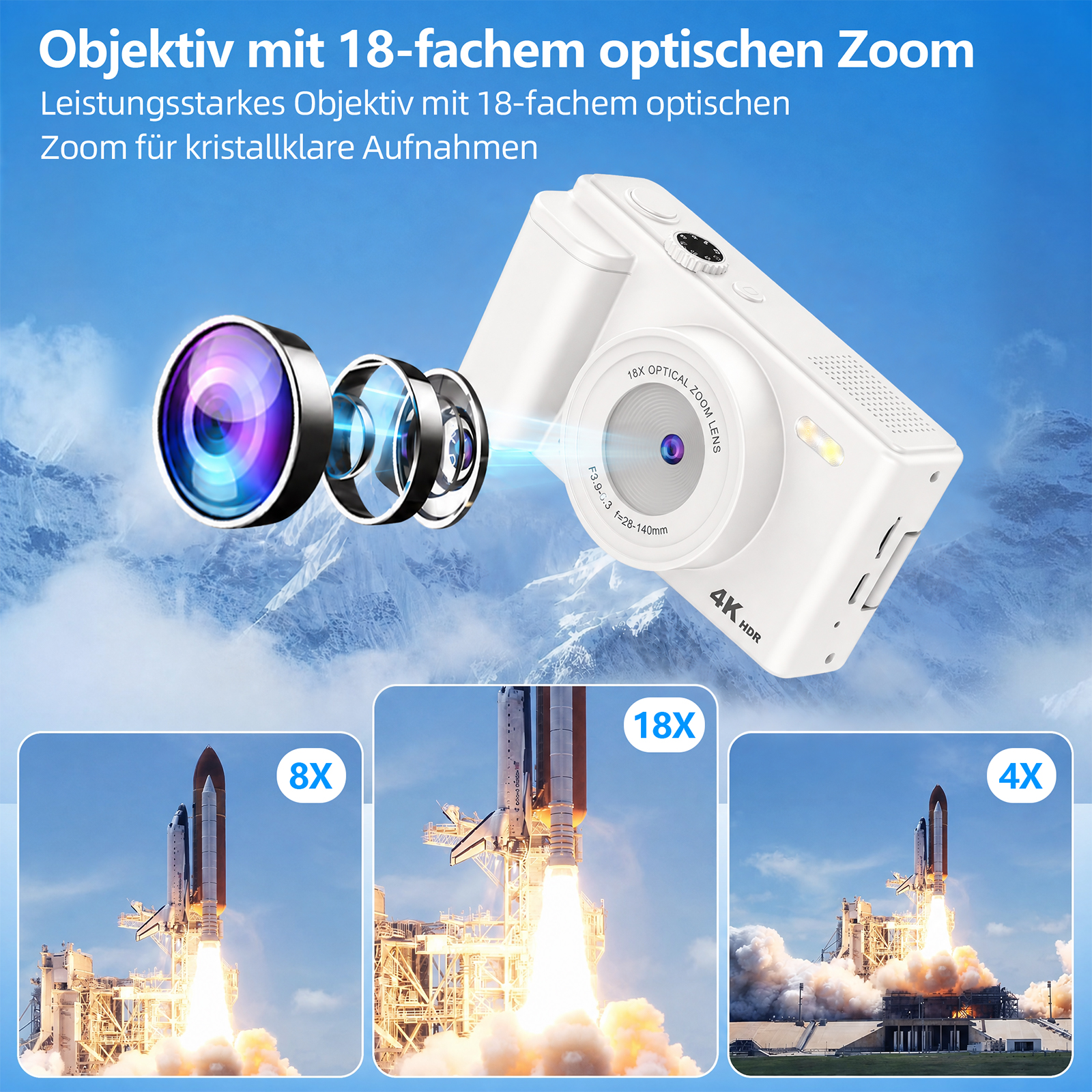 Weiße 4K-Kamera mit 18fach-Zoom und drei Einsatzfotos eines Raketenstarts bei 8facher, 18facher und 4facher Vergrößerung.