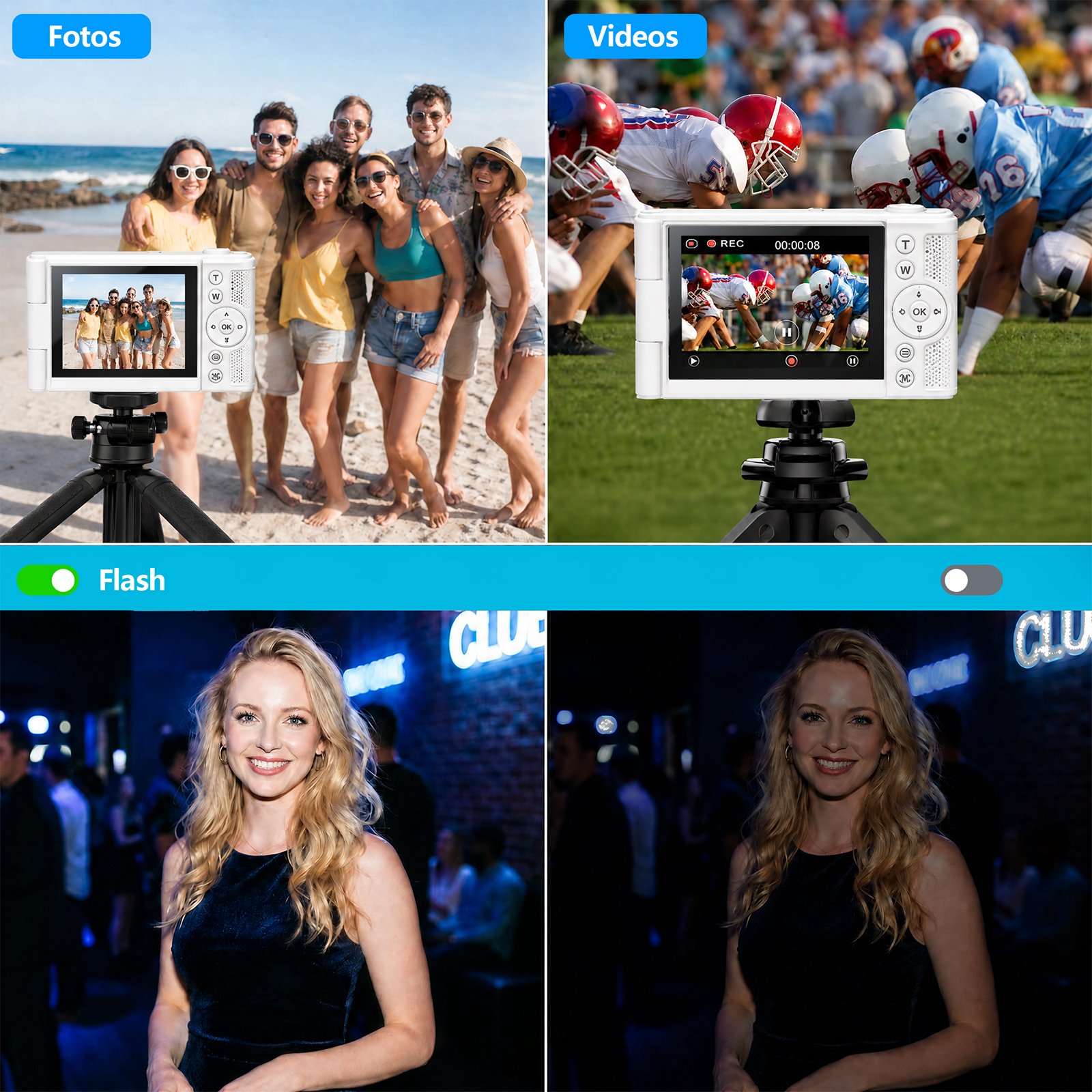 Kameramodusvergleich: Gruppenfoto am Strand und American Football Spiel auf einem Stativ.