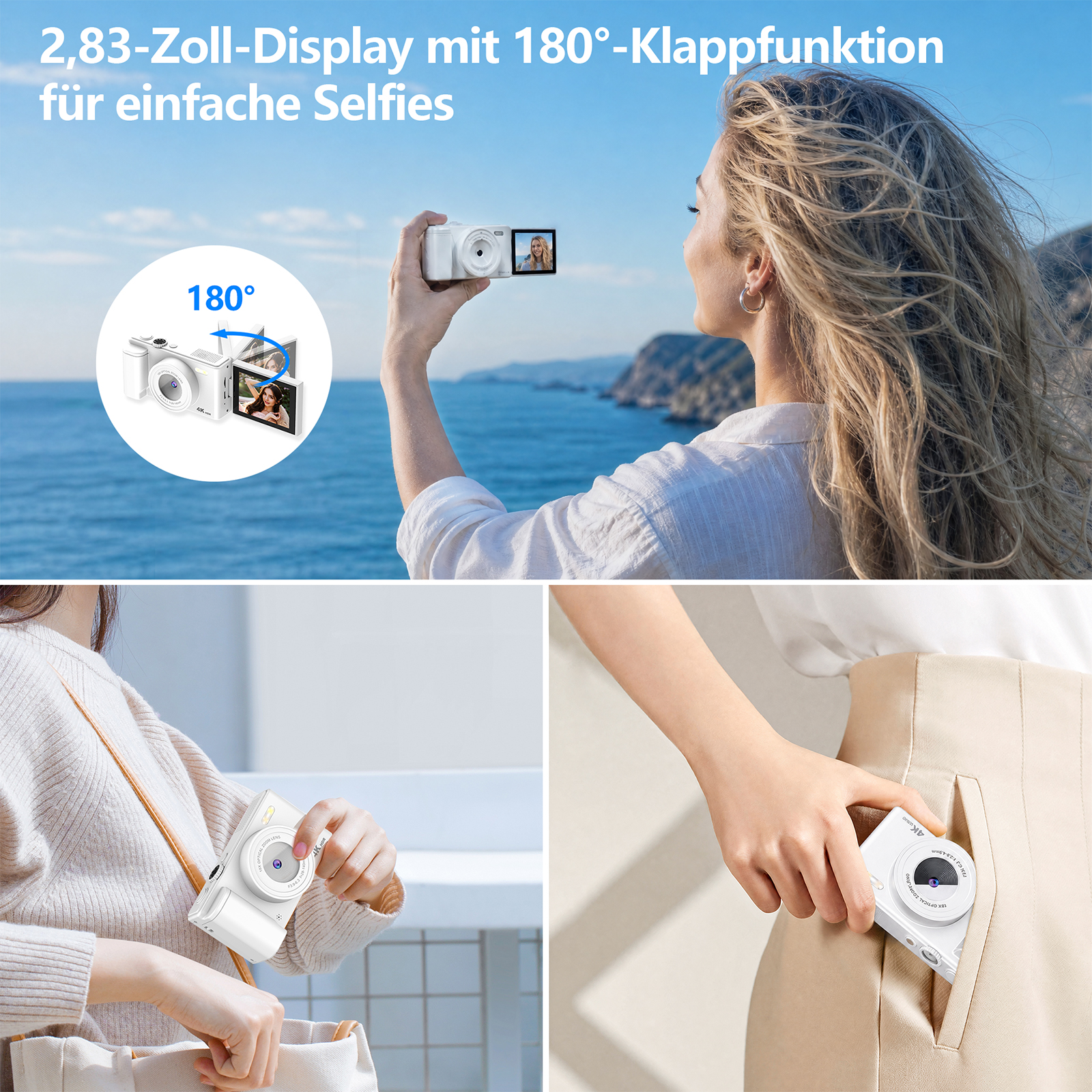 Frau macht Selfies mit einer weißen Kompaktkamera am Meer, während andere Details die Kameragröße zeigen.
