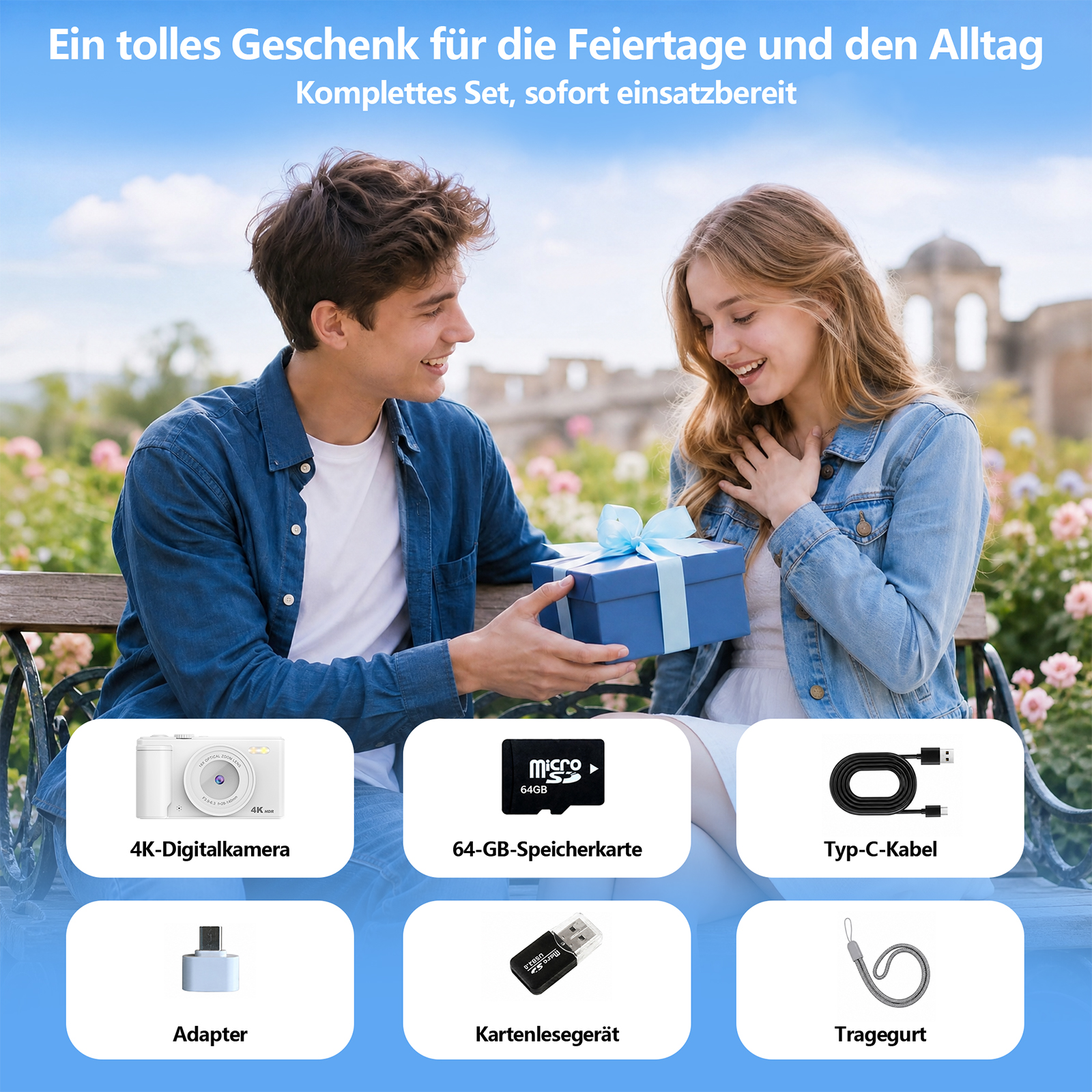 Ein junger Mann gibt einer glücklichen Frau ein blaues Geschenk, unten sind Kamera und Zubehör abgebildet.