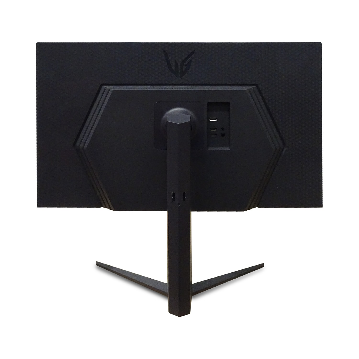 Rückseite eines schwarzen Monitors mit Ständer und sichtbaren Anschlüssen auf einer weißen Fläche.