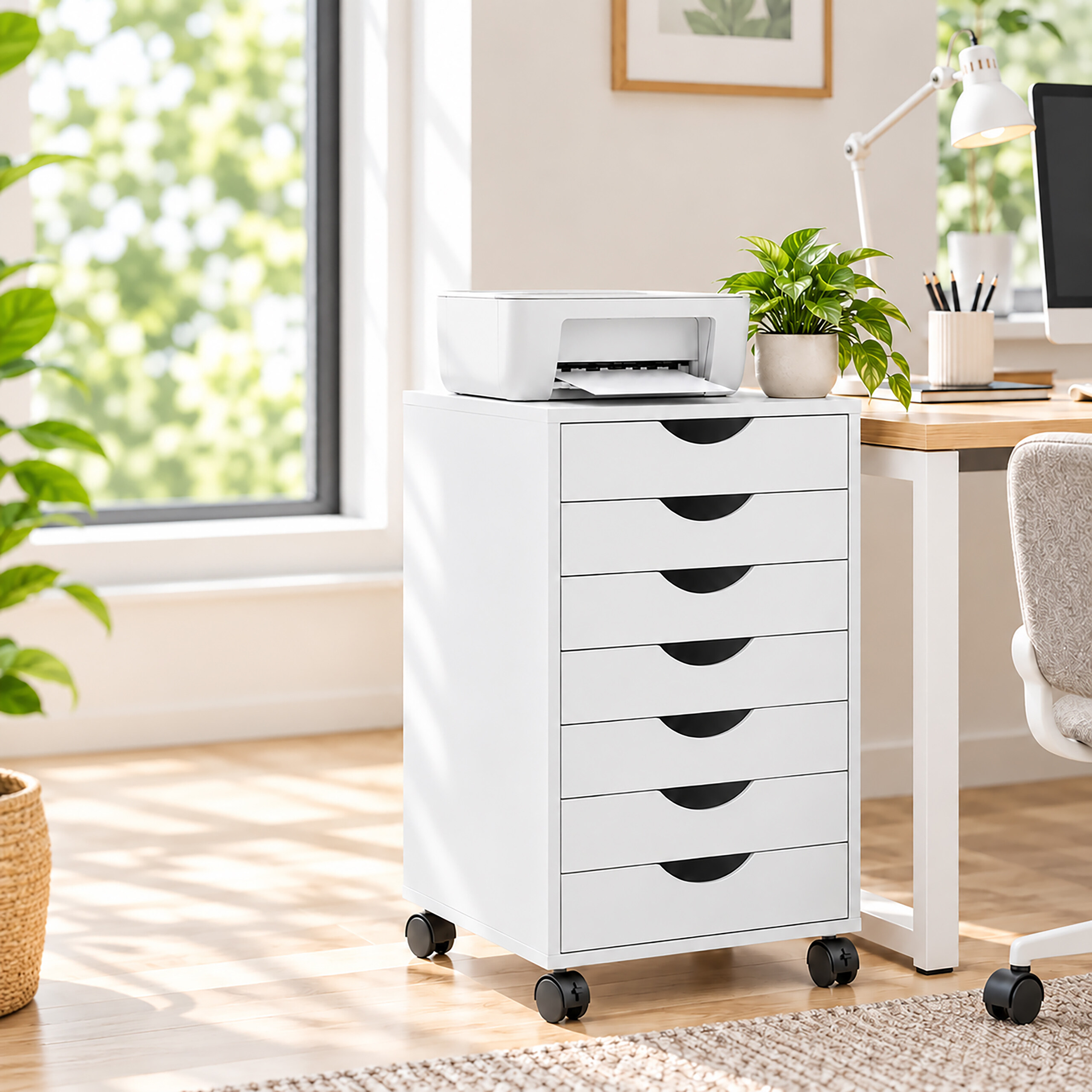 Ein weißer Rollcontainer mit sieben Schubladen und einem Drucker oben drauf steht in einem hellen Zimmer.