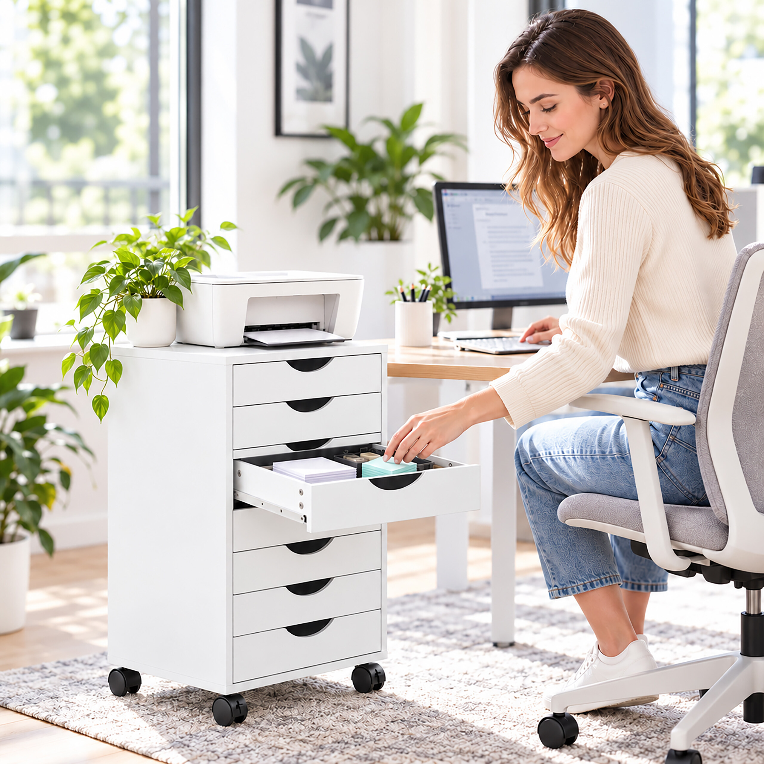 Eine lächelnde Frau im Büro öffnet eine Schublade eines weißen Rollcontainers mit Drucker.