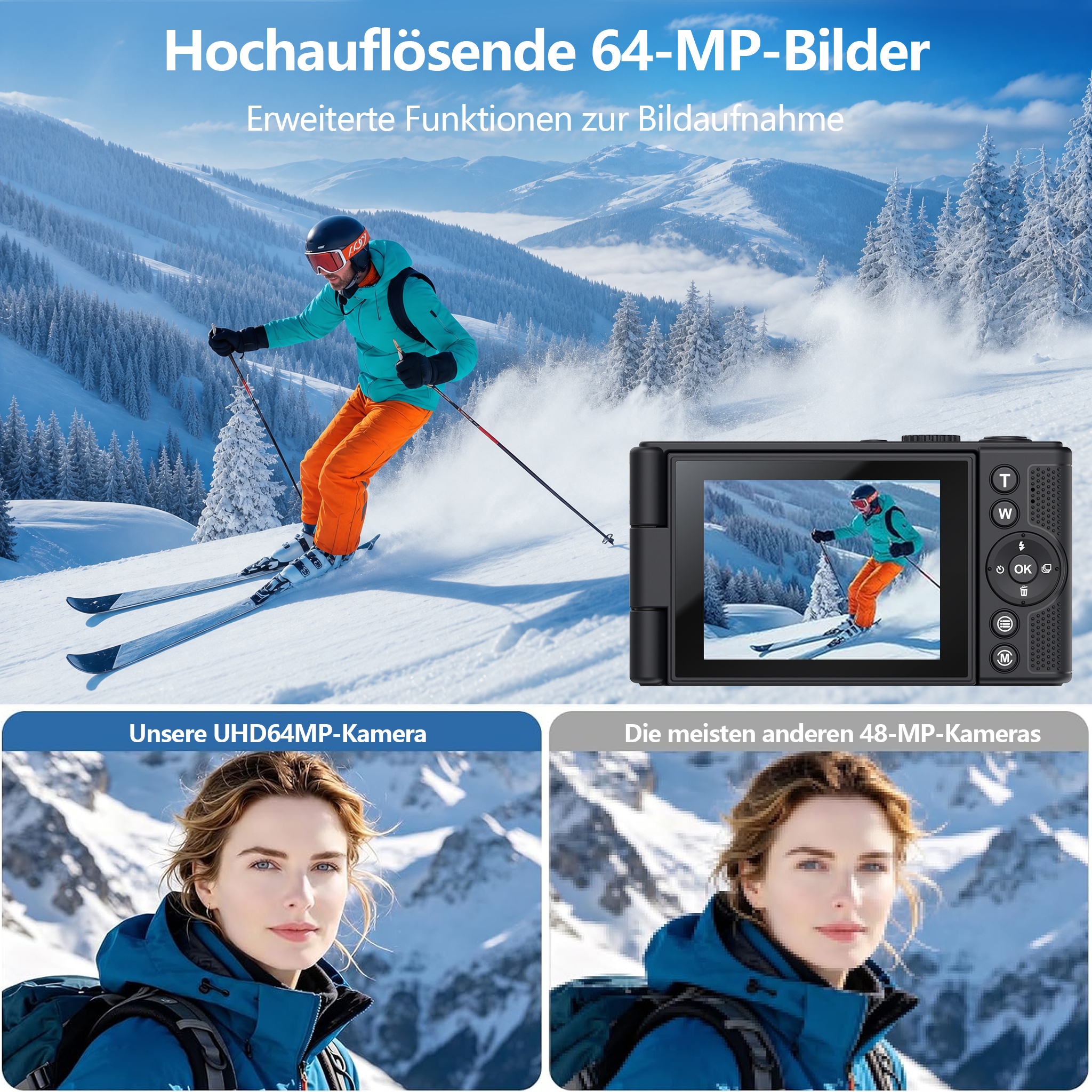 Vergleich zwischen einer hochauflösenden 64-MP-Kamera und einer 48-MP-Kamera anhand von Ski- und Porträtfotos.