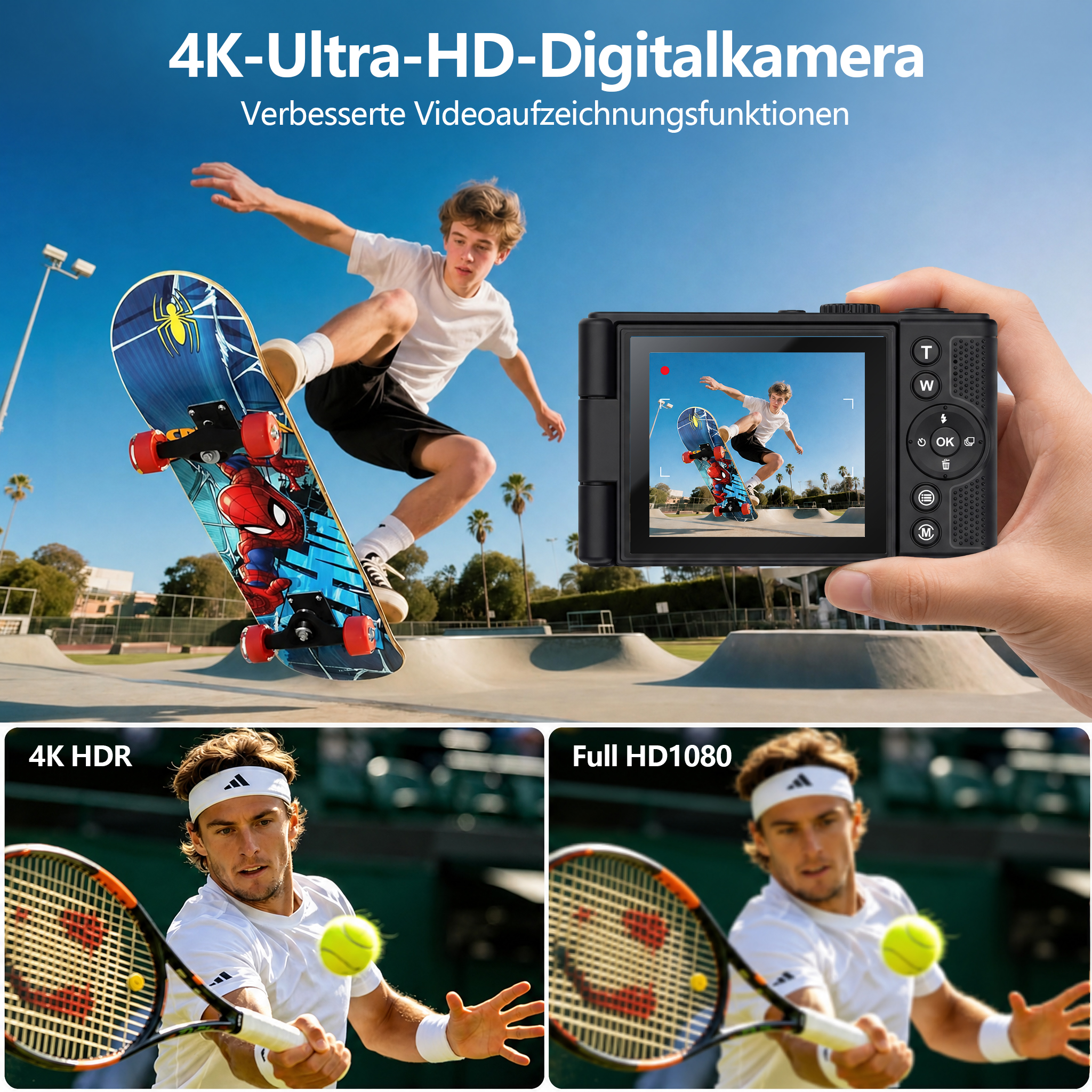 Eine Hand hält eine Digitalkamera, die einen Skater aufnimmt, mit Vergleichsbildern für 4K-HDR und Full HD.