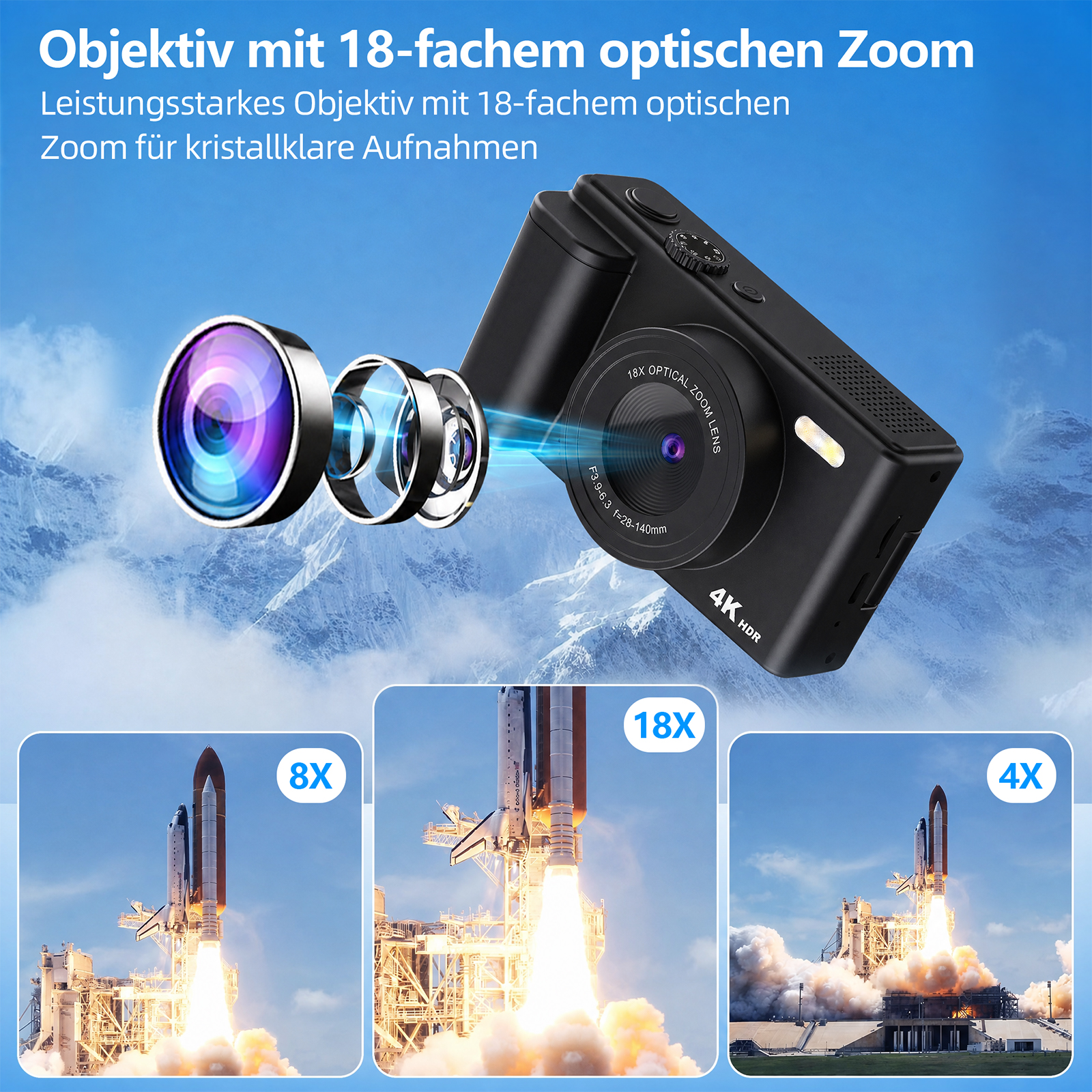 Schwarze Digitalkamera mit 18-fachem optischen Zoom und Beispielfotos eines startenden Shuttles.