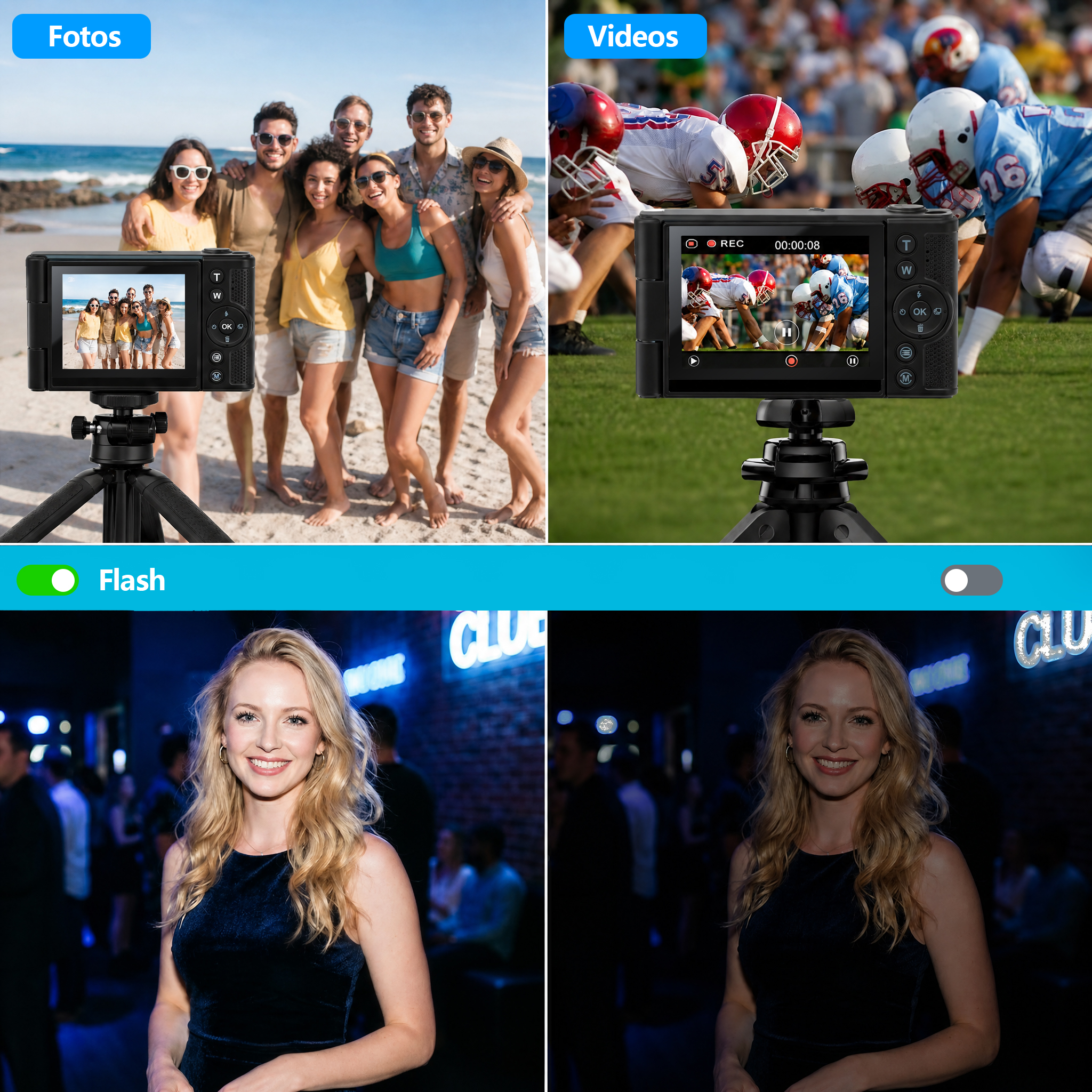 Kamerastative und Szenenvergleiche von Strandfotos und Football-Videos sowie ein Blitzvergleich.