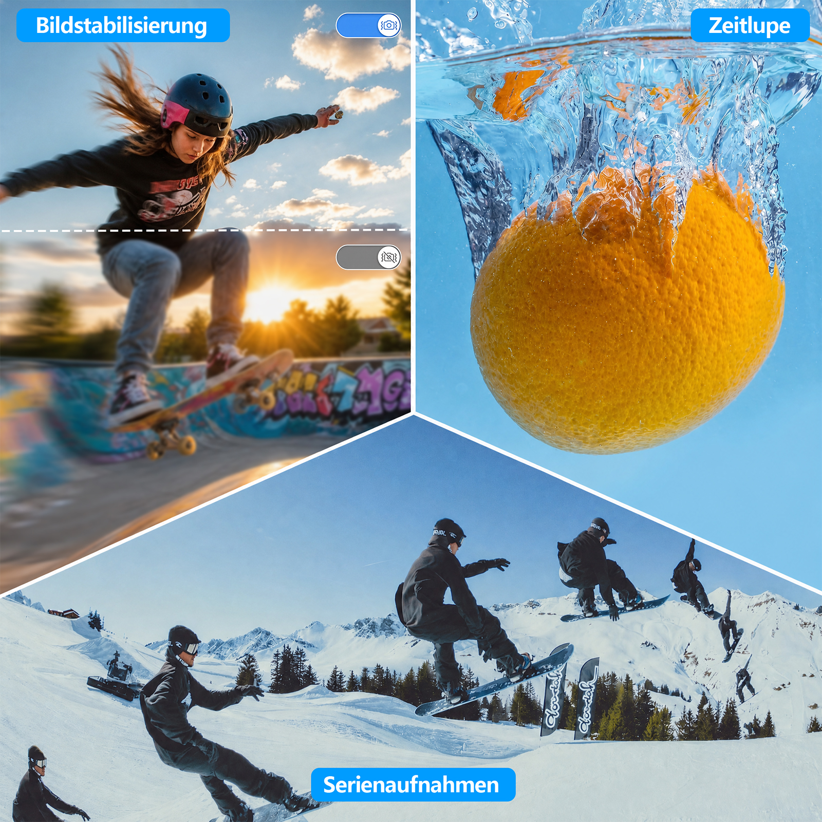 Drei Bilder zeigen Kamerafunktionen: Skateboarder, orange Frucht im Wasser und Snowboarder im Schnee.