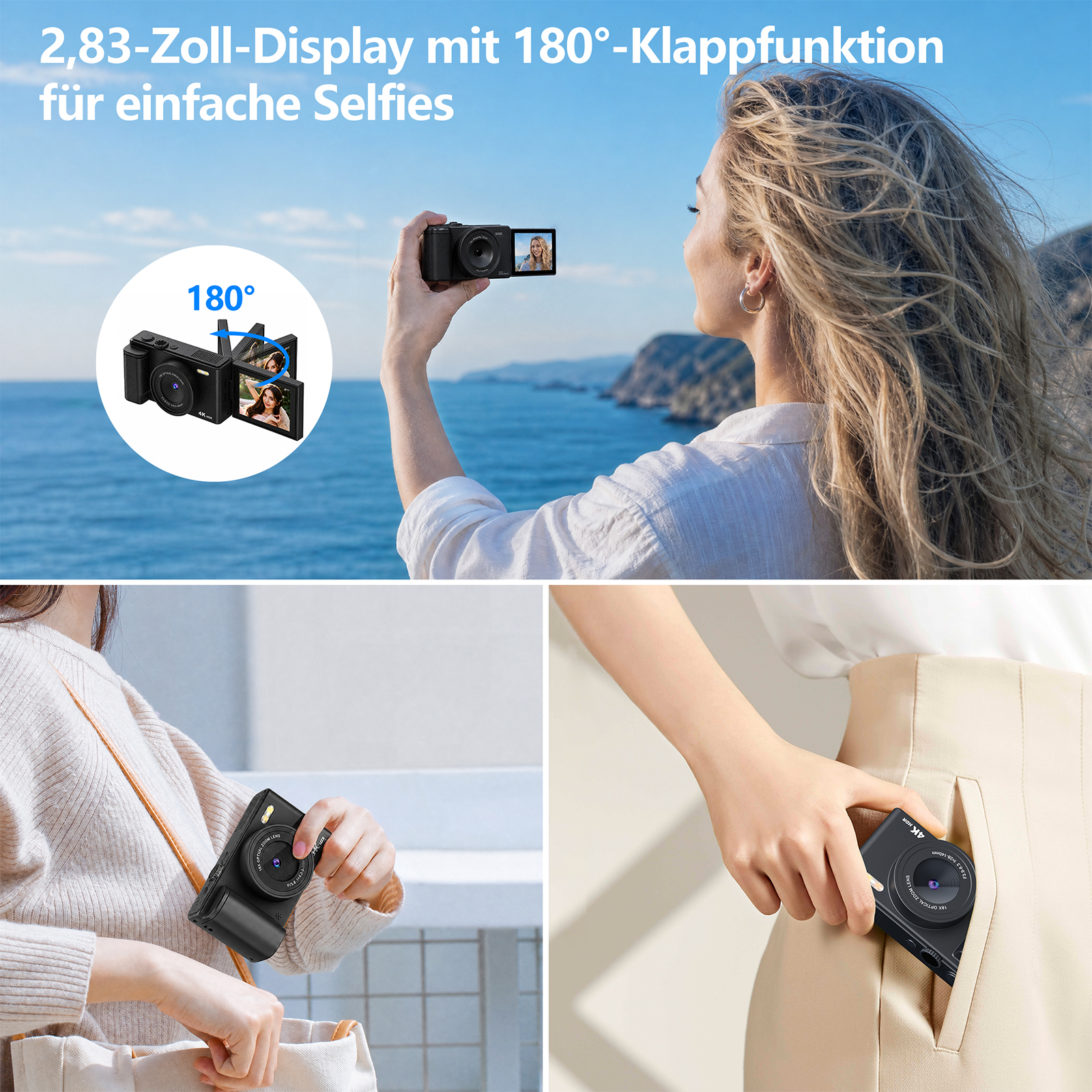Eine Frau hält eine kompakte Digitalkamera mit 180-Grad-Klappdisplay vor das Meer.