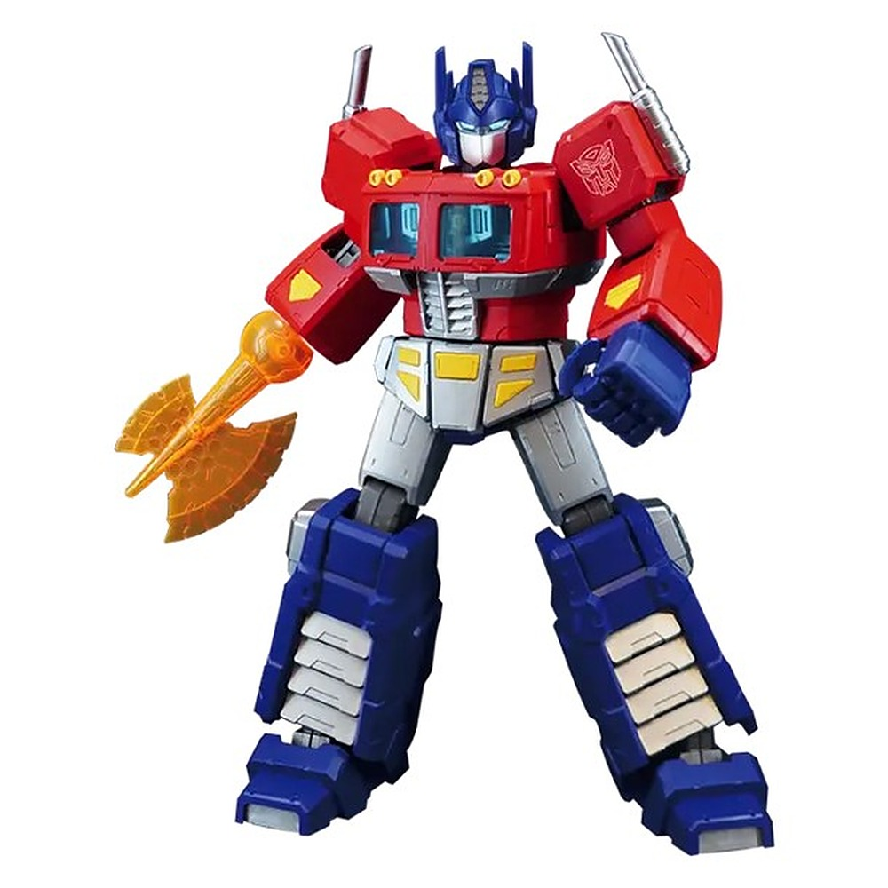Figurka akcji Optimus Prime w kolorze czerwonym, niebieskim i srebrnym z pomarańczowym toporem.