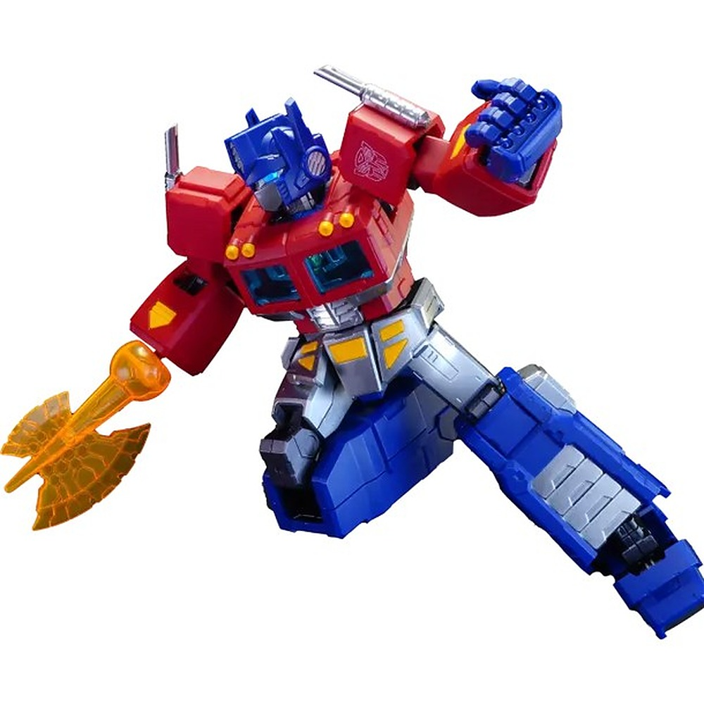 Czerwono-niebiesko-srebrna figurka akcji Transformers z żółtym toporem.