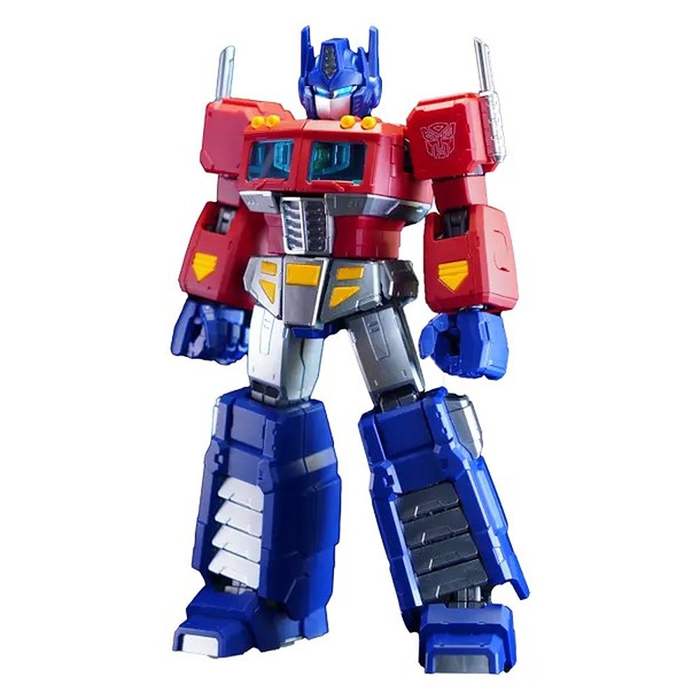 Figurka akcji Transformers Optimus Prime w kolorze czerwonym, niebieskim i srebrnym na białym tle.
