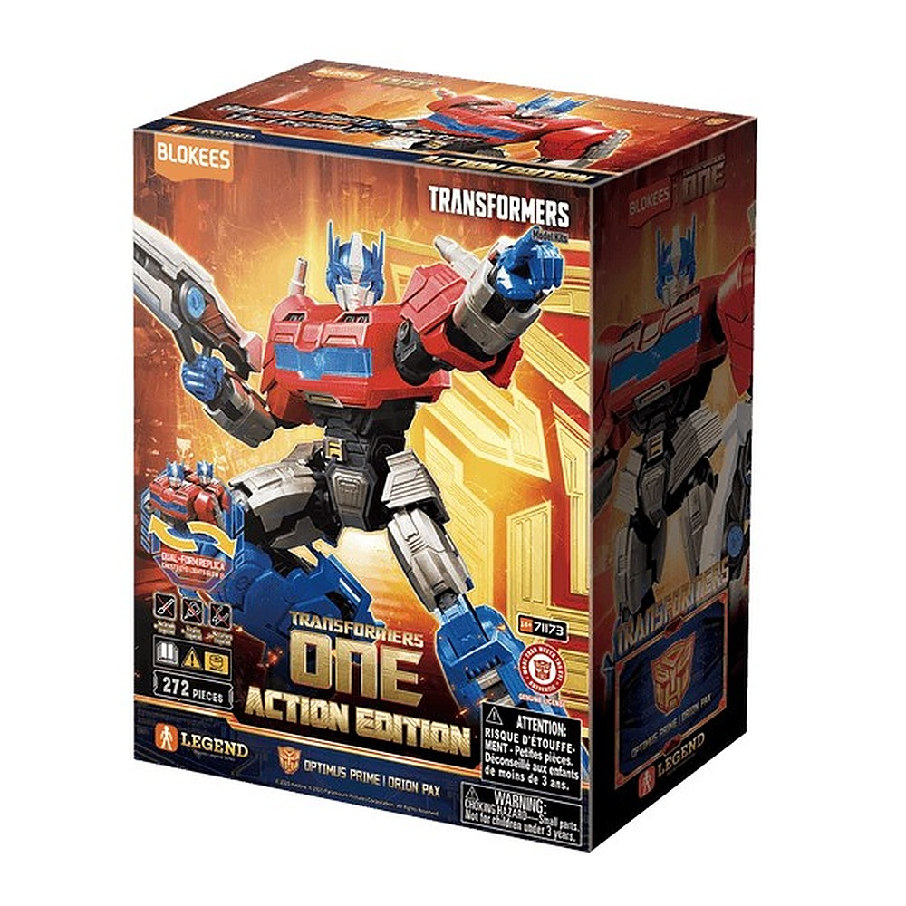 Opakowanie Blokees Transformers One Optimus Prime Action Edition z wizerunkiem figurki robota.