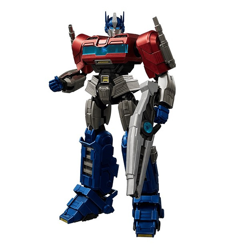 Szczegółowa figurka akcji Optimus Prime z Transformers w kolorze czerwonym, niebieskim i srebrnym, trzymająca broń.