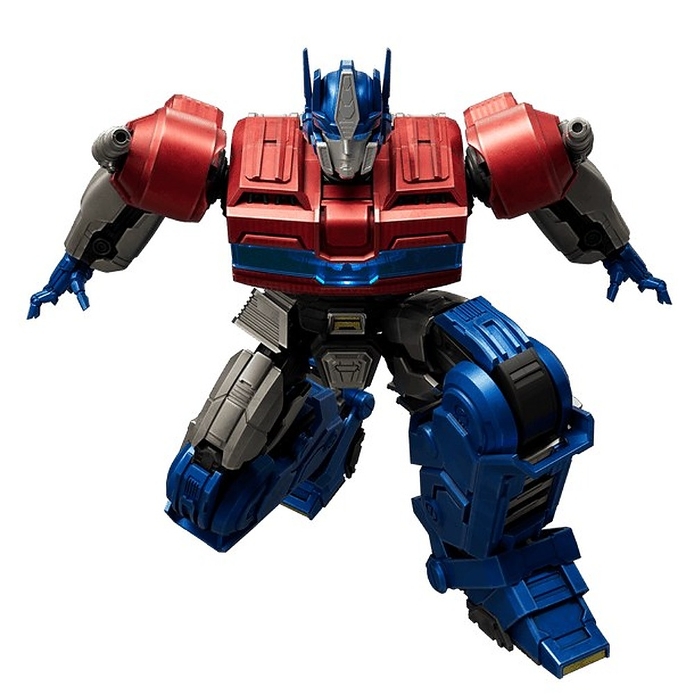 Niebiesko-czerwona figurka akcji Optimus Prime w dynamicznej pozie na białym tle.