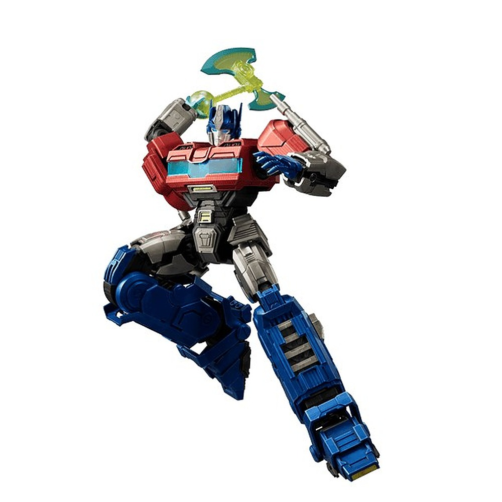 Figurka Optimusa Prime w kolorach czerwonym, niebieskim i srebrnym, trzymająca zielony topór na białym tle.