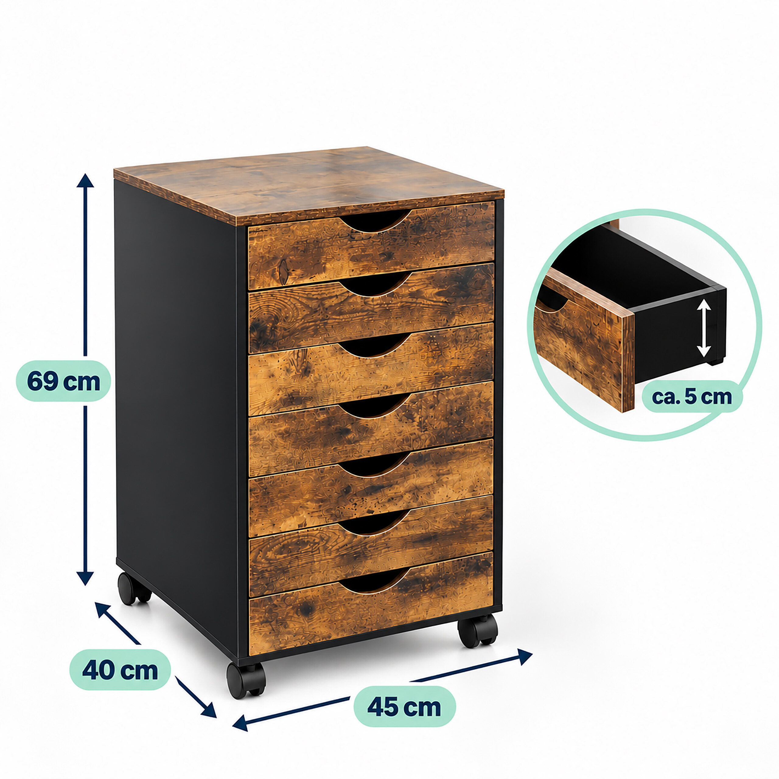 Holzfarbener Rollcontainer mit sechs Schubladen, schwarzem Rahmen und Maßangaben in cm.