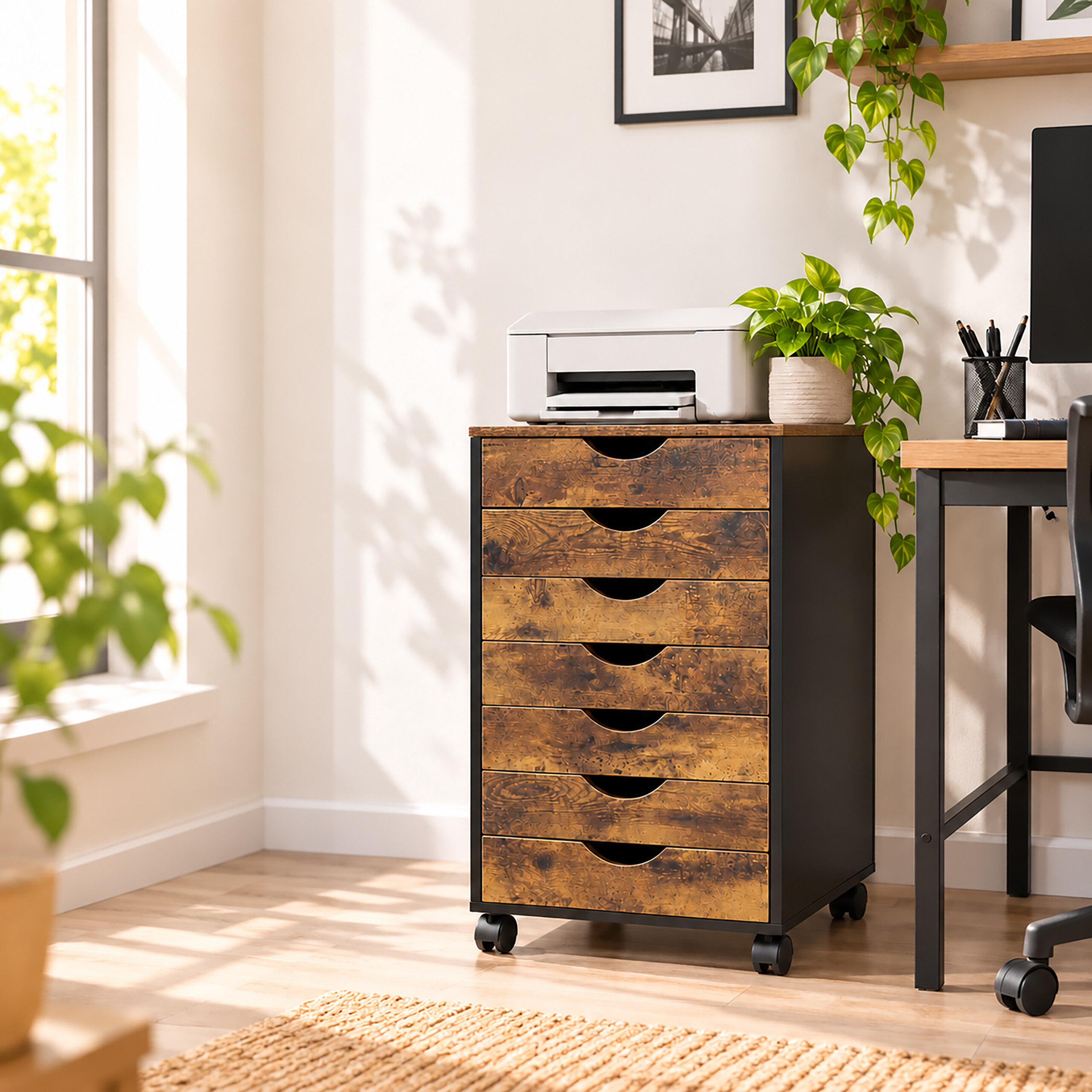 Ein rollbarer Schrank mit Holzmustern und sechs Schubladen steht in einem sonnigen Zimmer, ein Drucker oben drauf.
