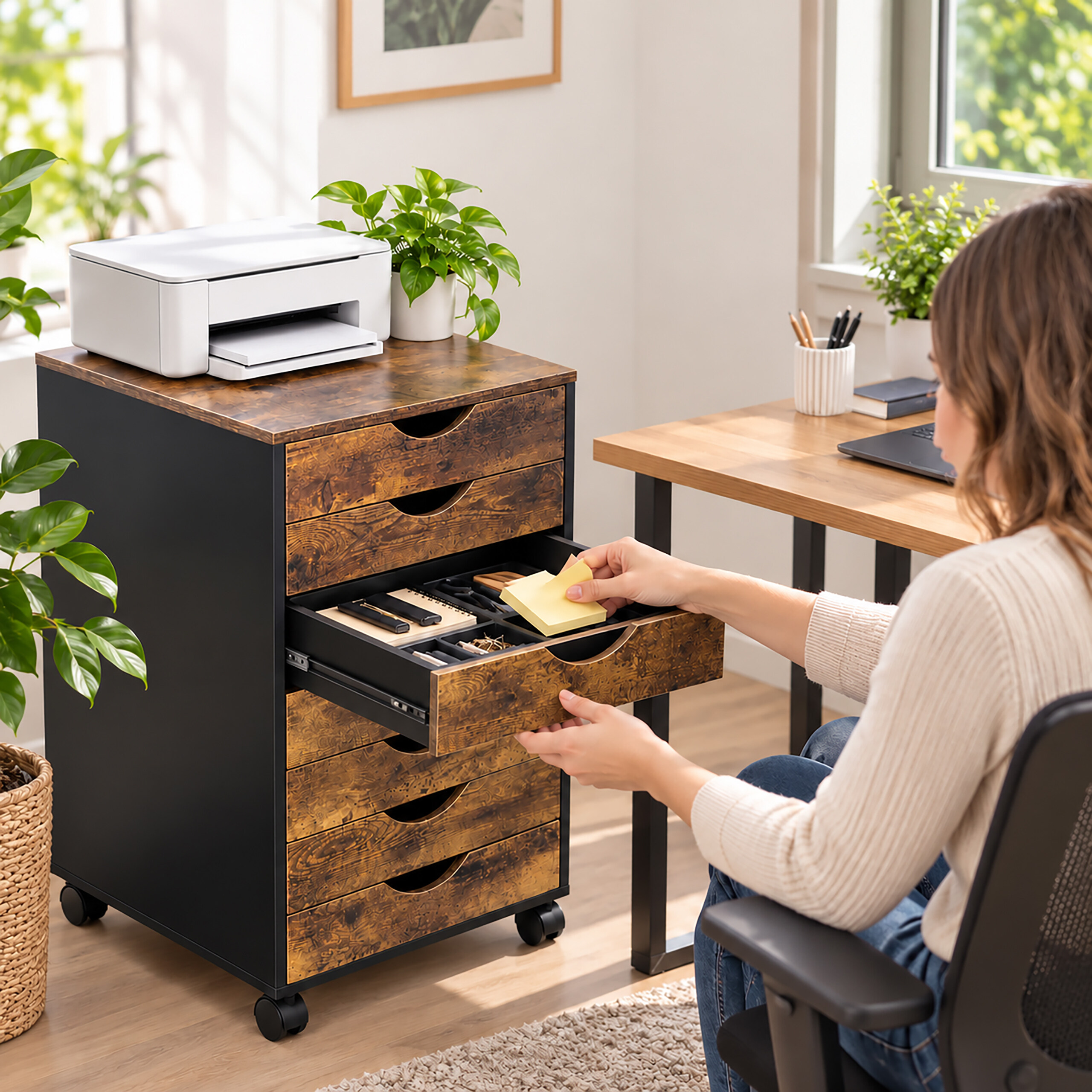 Eine Frau in einem Büro öffnet die Schublade eines Rollcontainers mit Holzmuster. Auf dem Schrank steht ein Drucker.