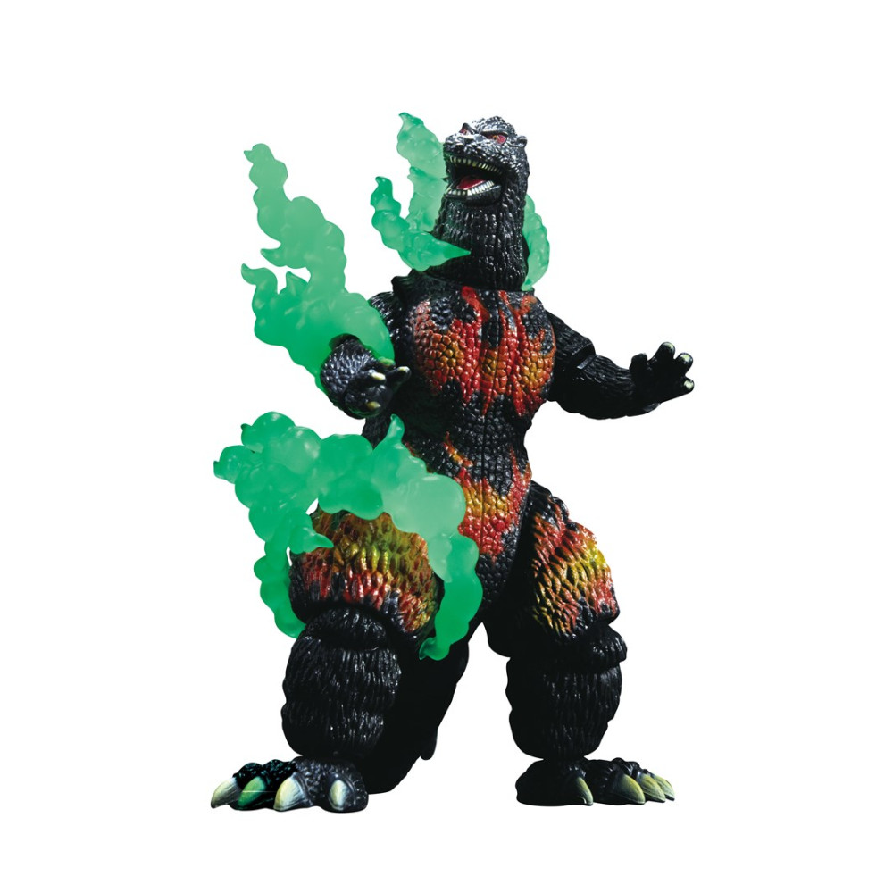 Czarna figurka zabawek Godzilla z czerwonymi i pomarańczowymi świecącymi wzorami, otoczona zielonym dymem.
