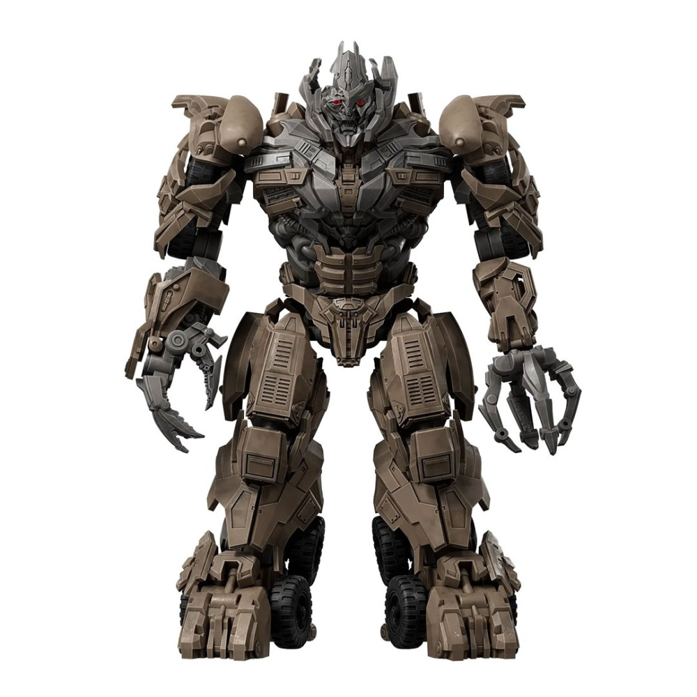 Brązowa figurka robota z szarymi detalami i czerwonymi oczami.
