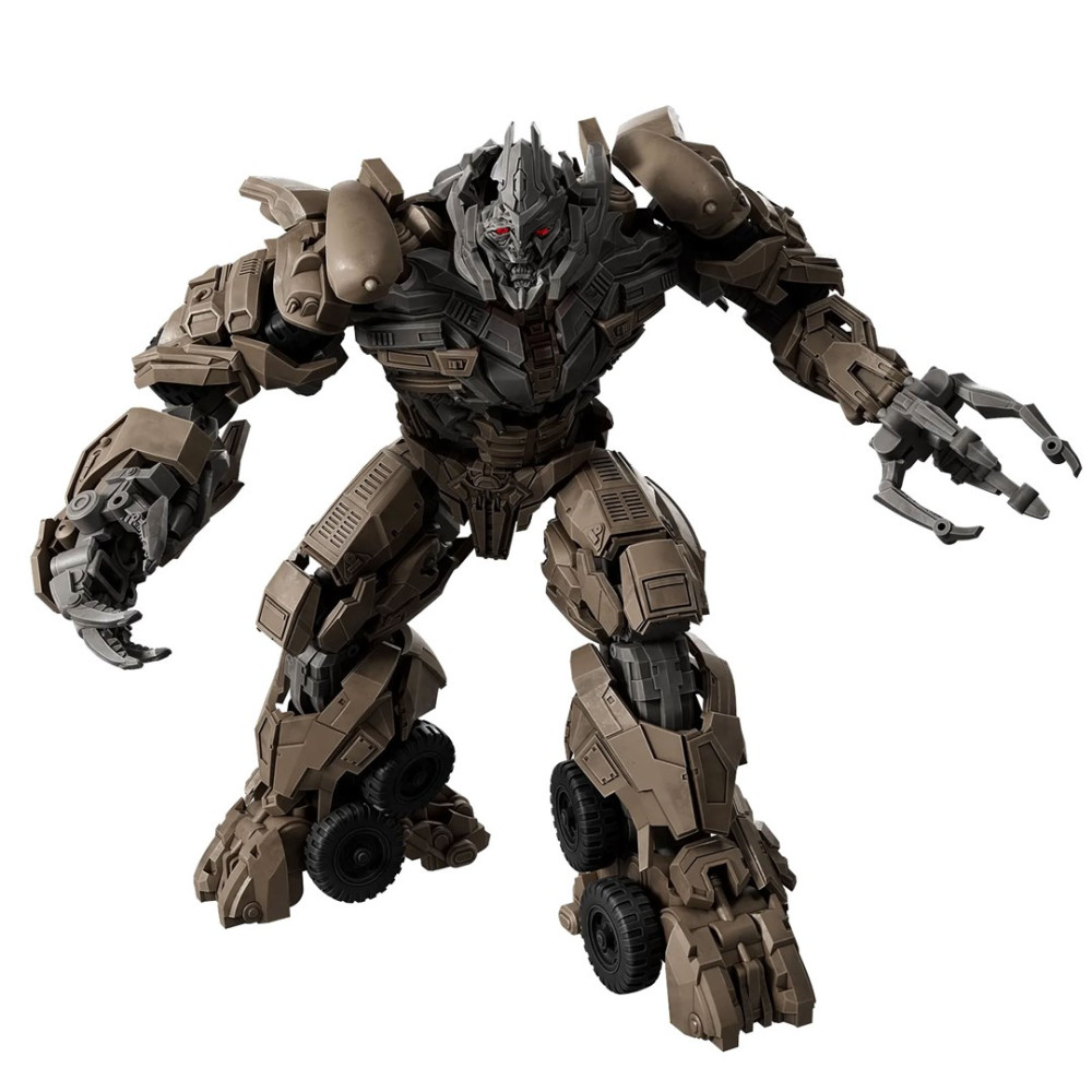 Brązowa figurka robota w stylu Transformers z czerwonymi oczami i rękami z pazurami na białym tle.
