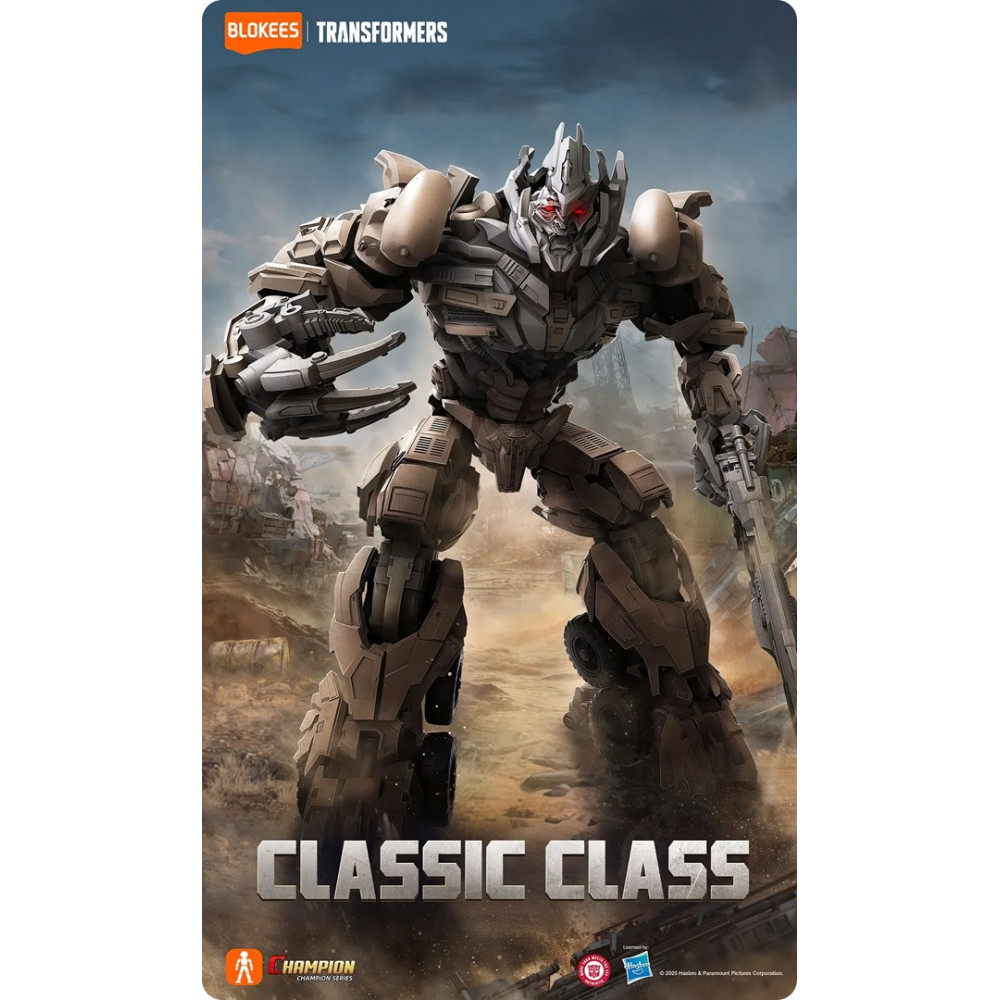 Figura robota Megatron w stylu Transformers stoi w zakurzonej pustynnej scenerii z bronią.