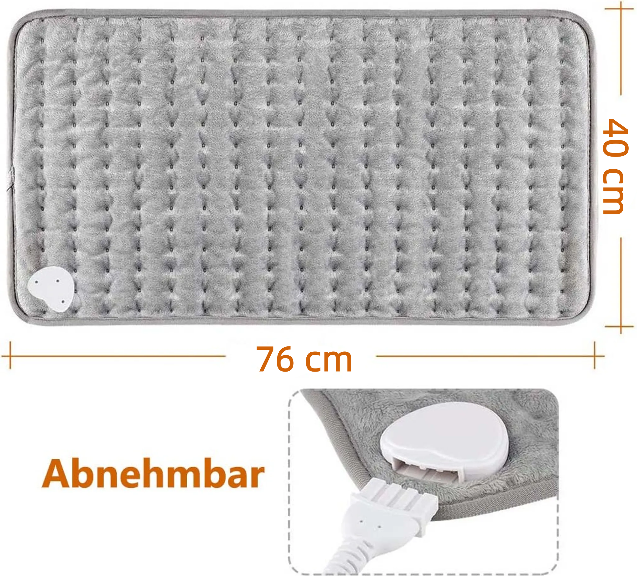 Graues Heizkissen 76x40 cm mit abnehmbarem Kabel und weißem Stecker.