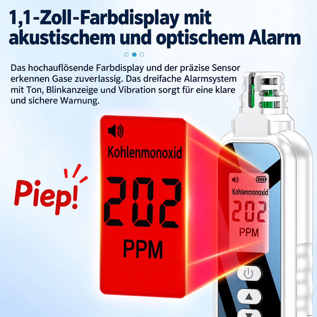 Kohlenmonoxid-Melder mit Farbdisplay zeigt 202 PPM und lauten Alarm.