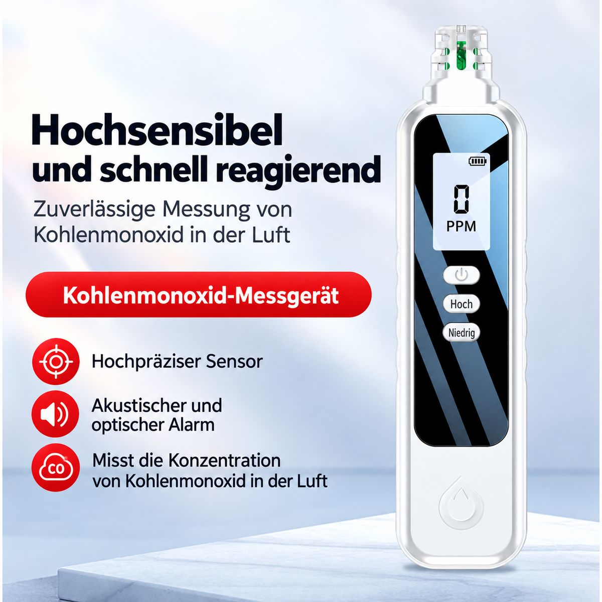 Weißes Kohlenmonoxid-Messgerät mit Display und deutscher Textbeschreibung auf blauem Hintergrund.